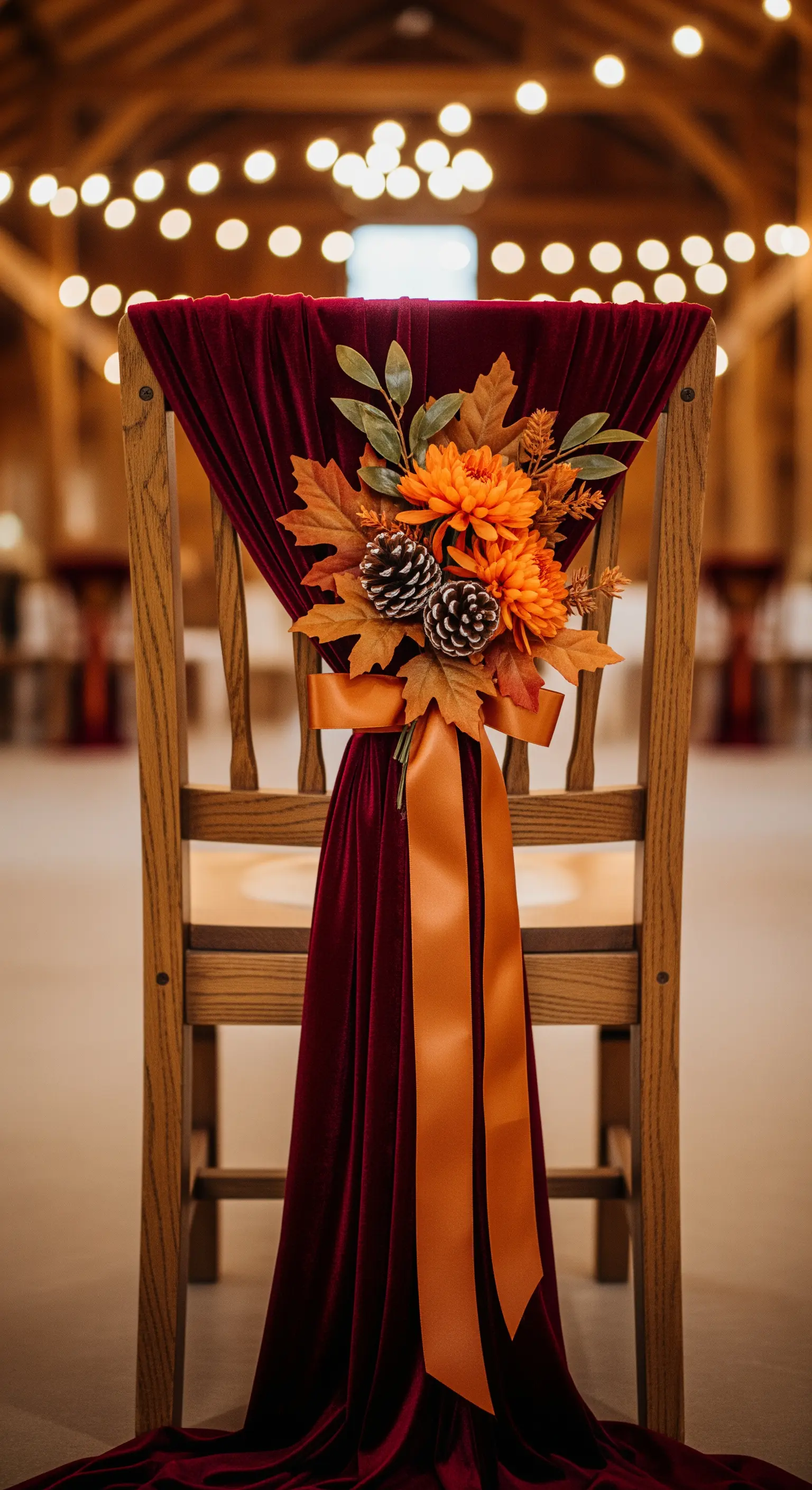 Sedia in legno decorata con velluto bordeaux, nastro arancione e una composizione autunnale con pigne.