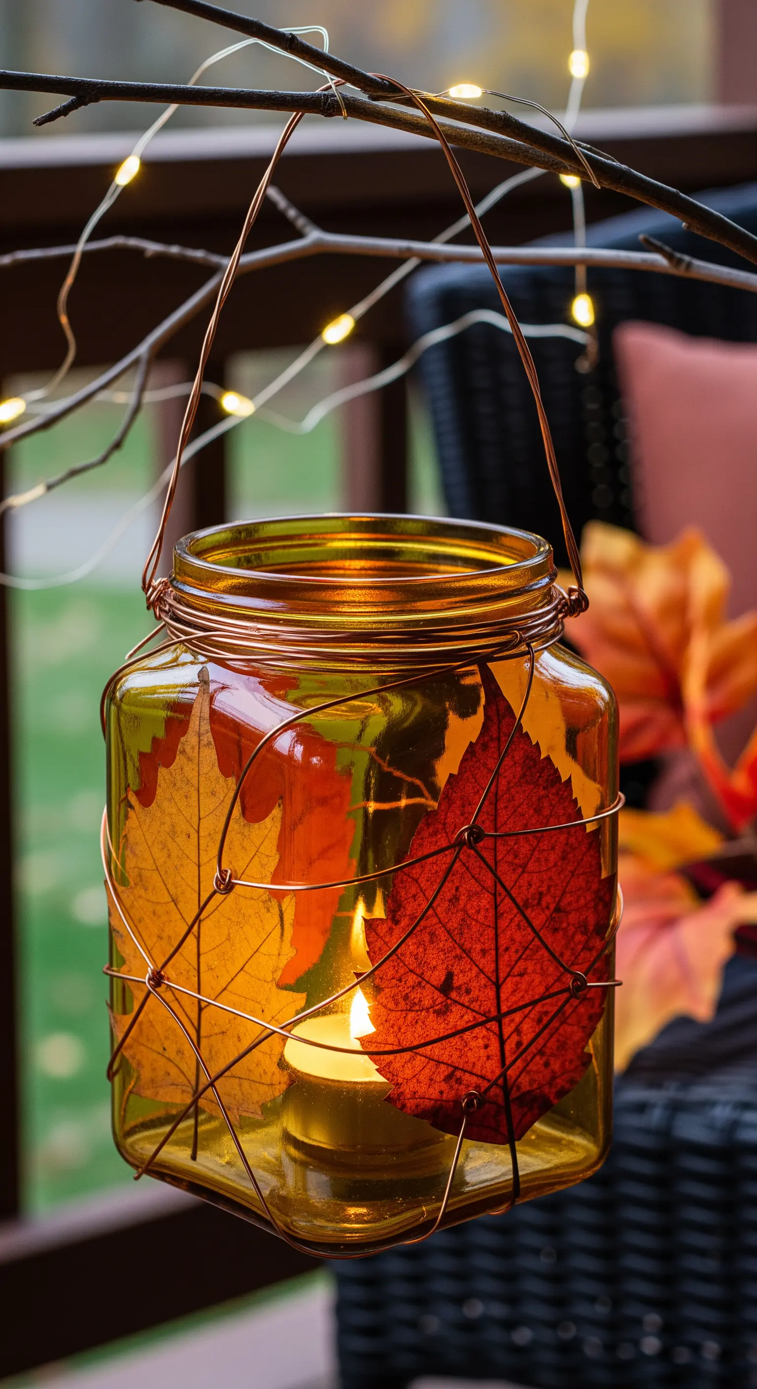 Barattolo di vetro ambrato con foglie autunnali, avvolto in filo di rame.