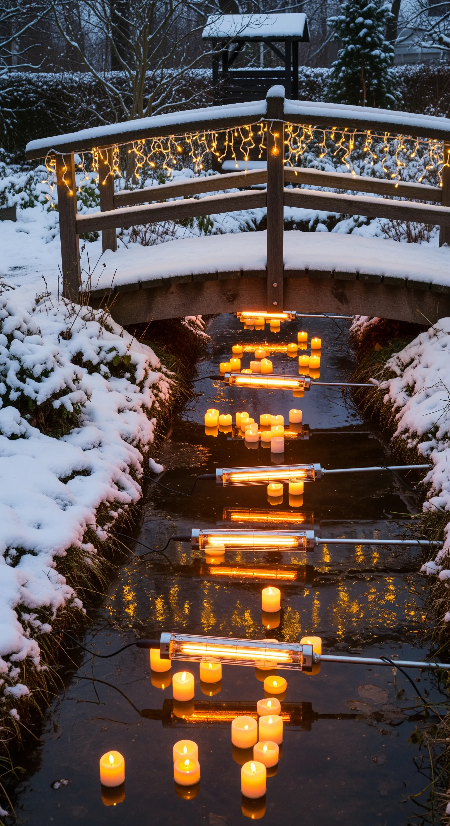 Ponte innevato con luci di Natale e candele che galleggiano su un ruscello.