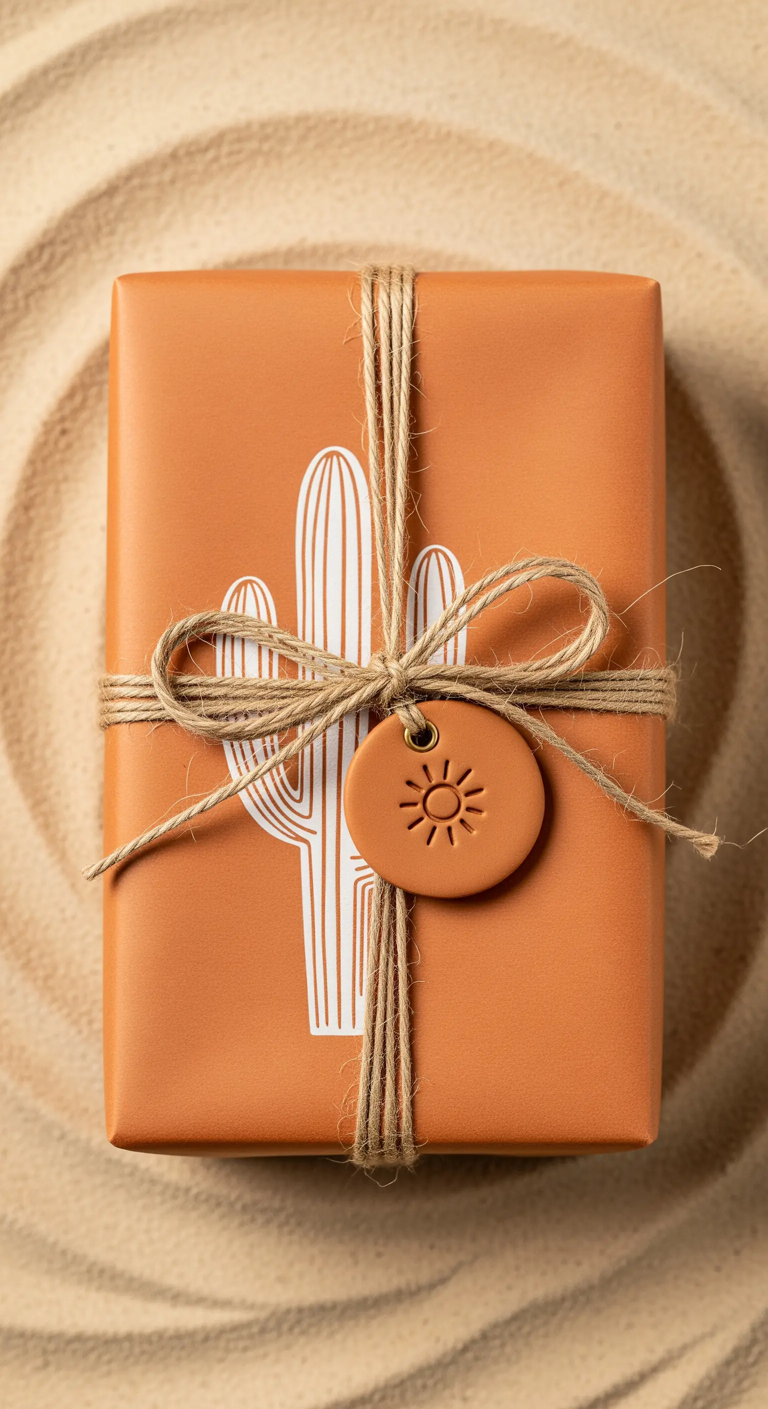 Pacco regalo color terracotta con un cactus bianco, spago di iuta e un'etichetta in argilla.