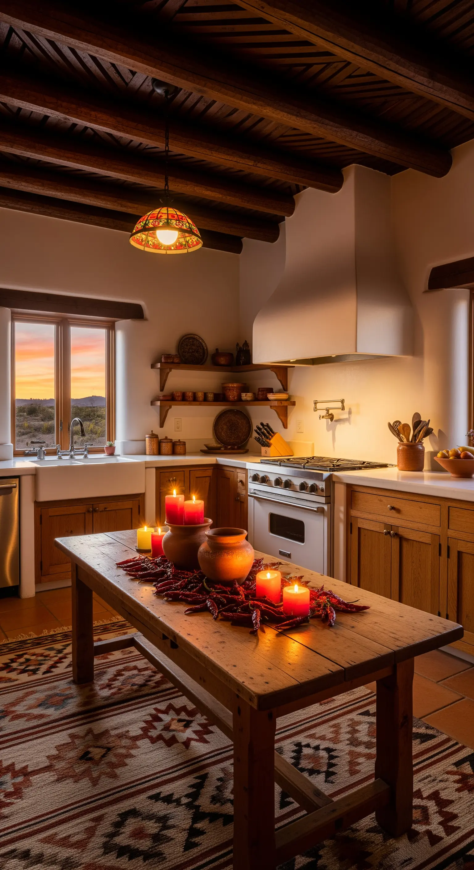 Cucina in stile sudoccidentale con travi a vista, tappeto etnico e candele rosse sul tavolo.