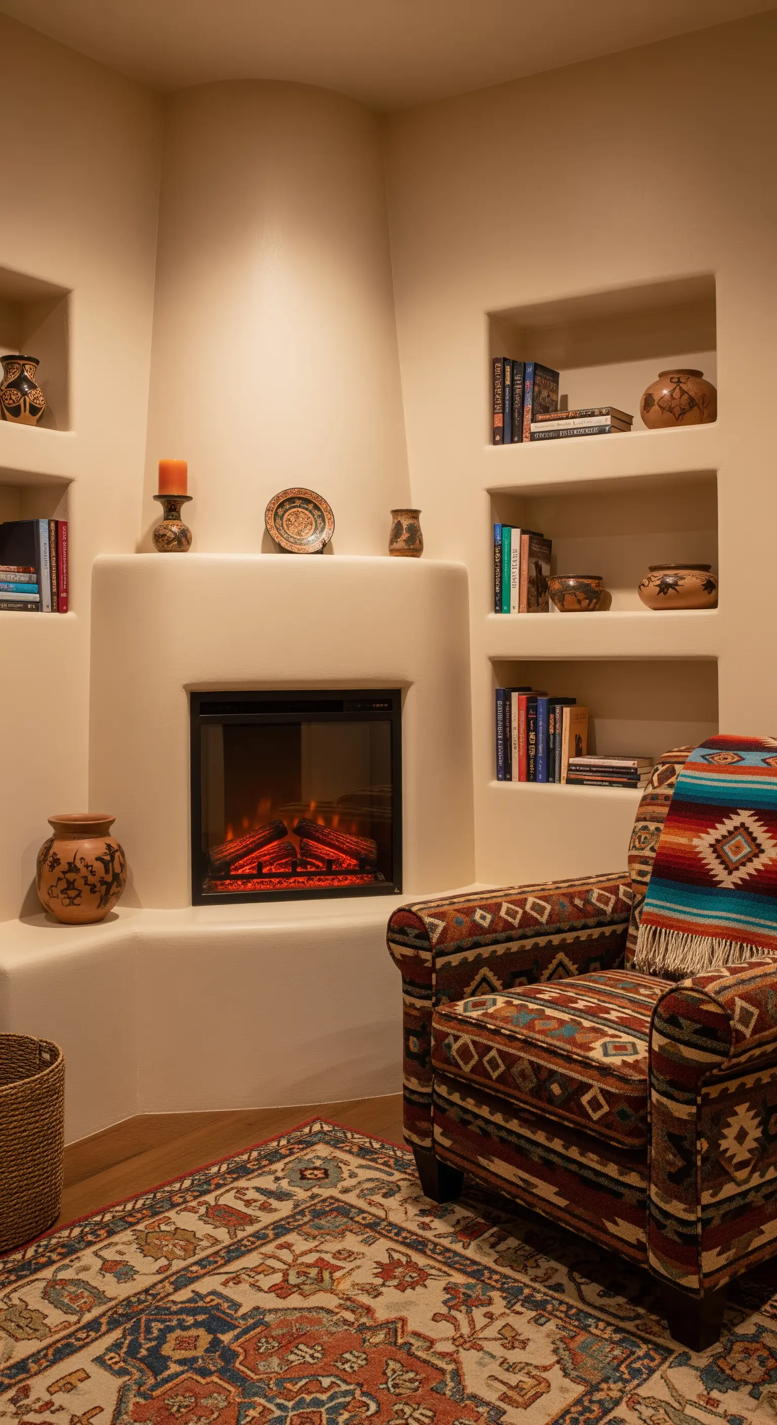Angolo lettura in stile Southwestern con camino Kiva e poltrona con motivi Navajo.