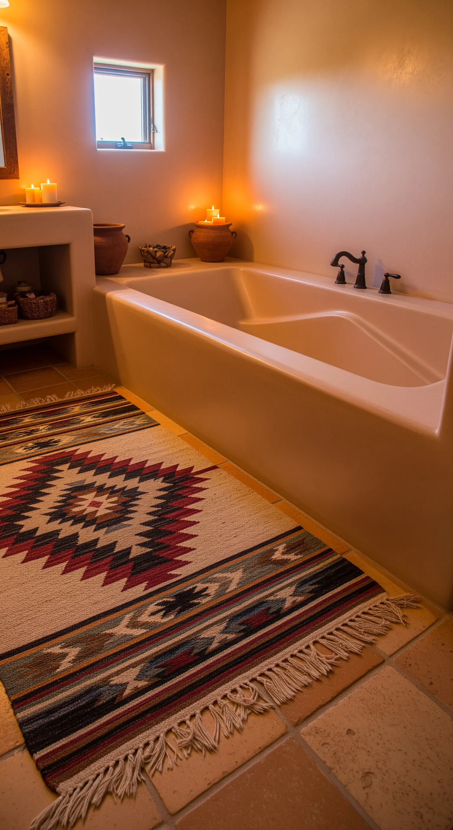Bagno in stile Southwestern con pareti in stucco, pavimento in cotto e tappeto kilim.