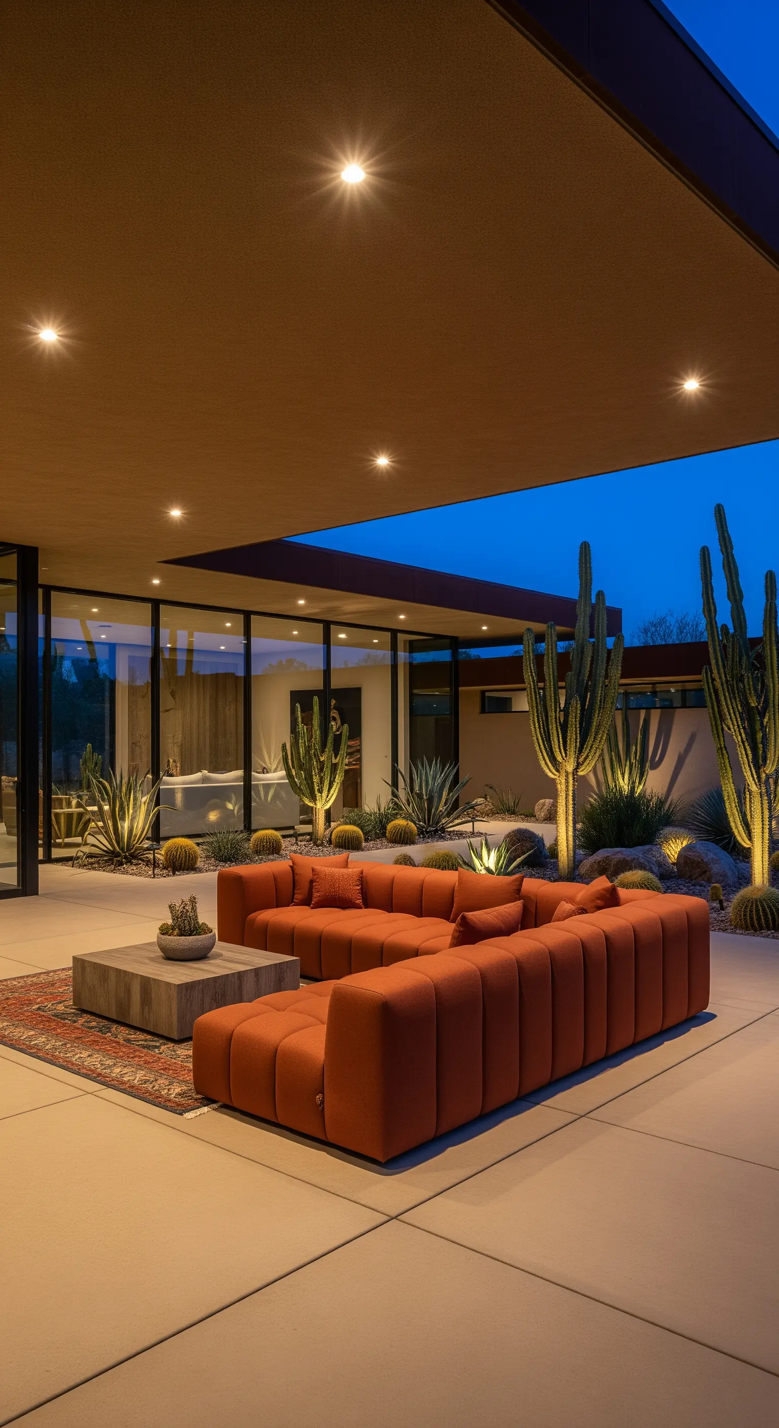 Portico in stile desertico con divano modulare arancione, cactus e pavimento in cemento