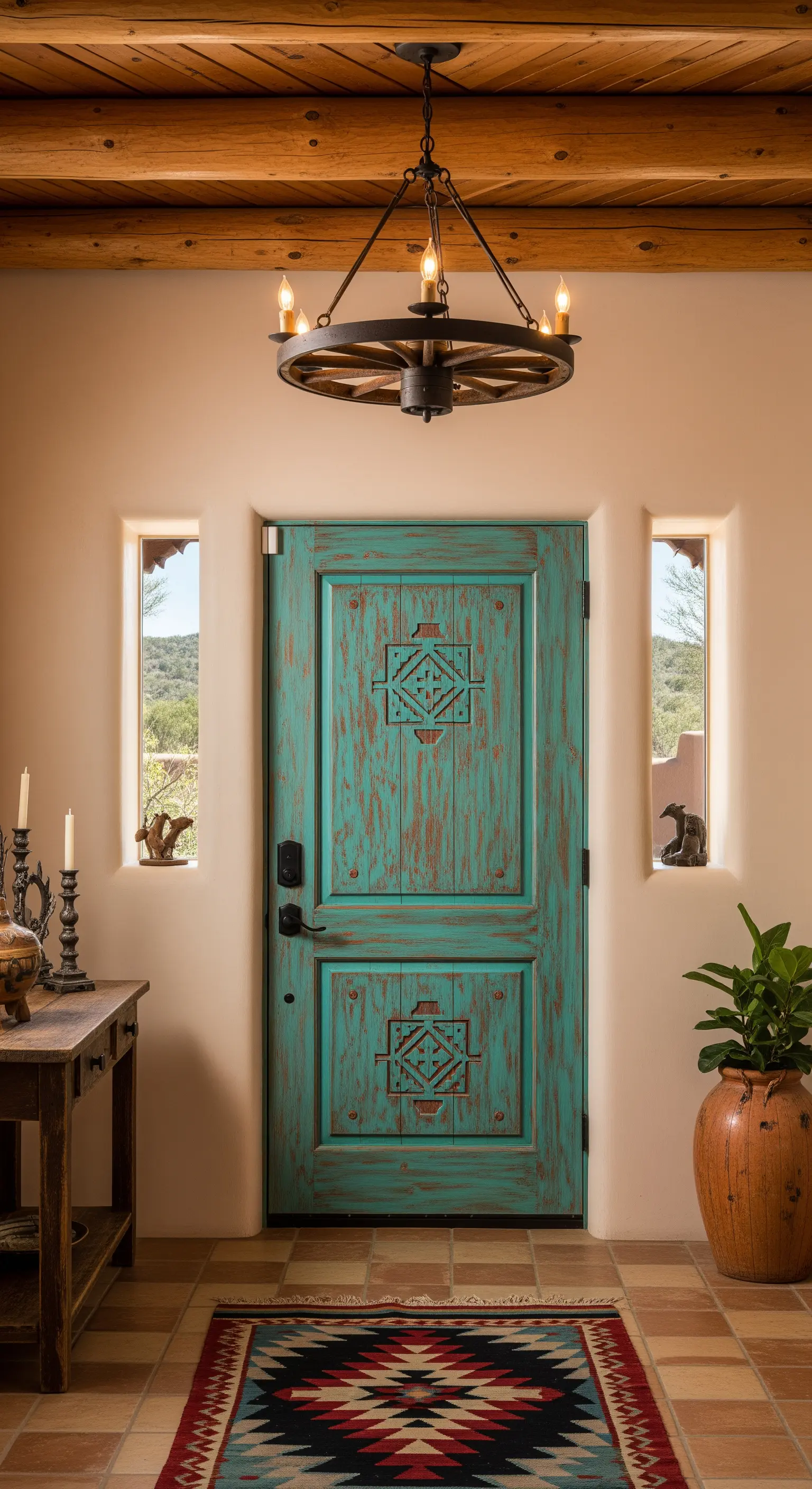 Ingresso in stile Southwestern con porta turchese, tappeto navajo e pareti color sabbia.
