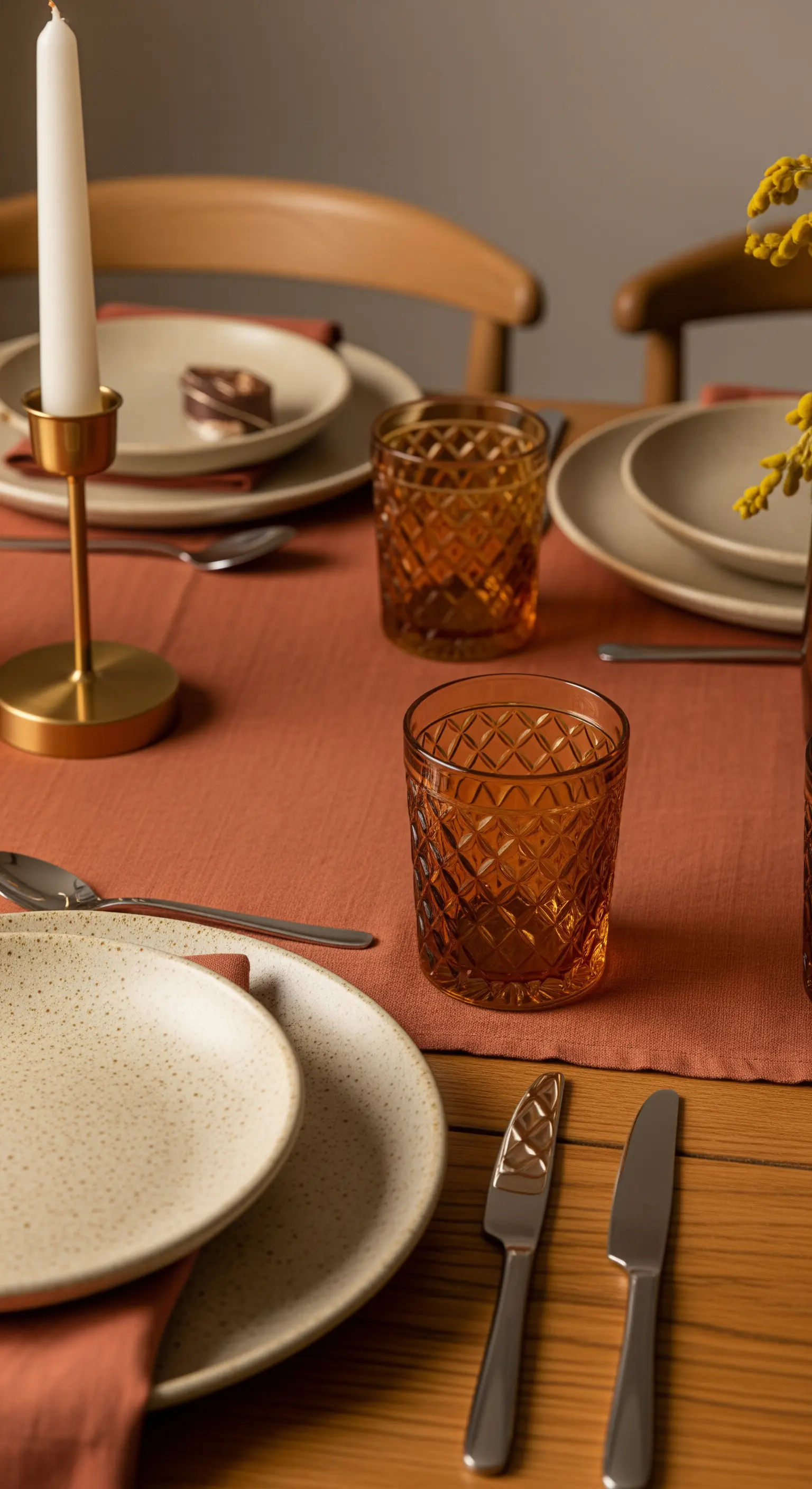 Tavola con runner terracotta, piatti in ceramica grezza e bicchieri color ambra intagliati