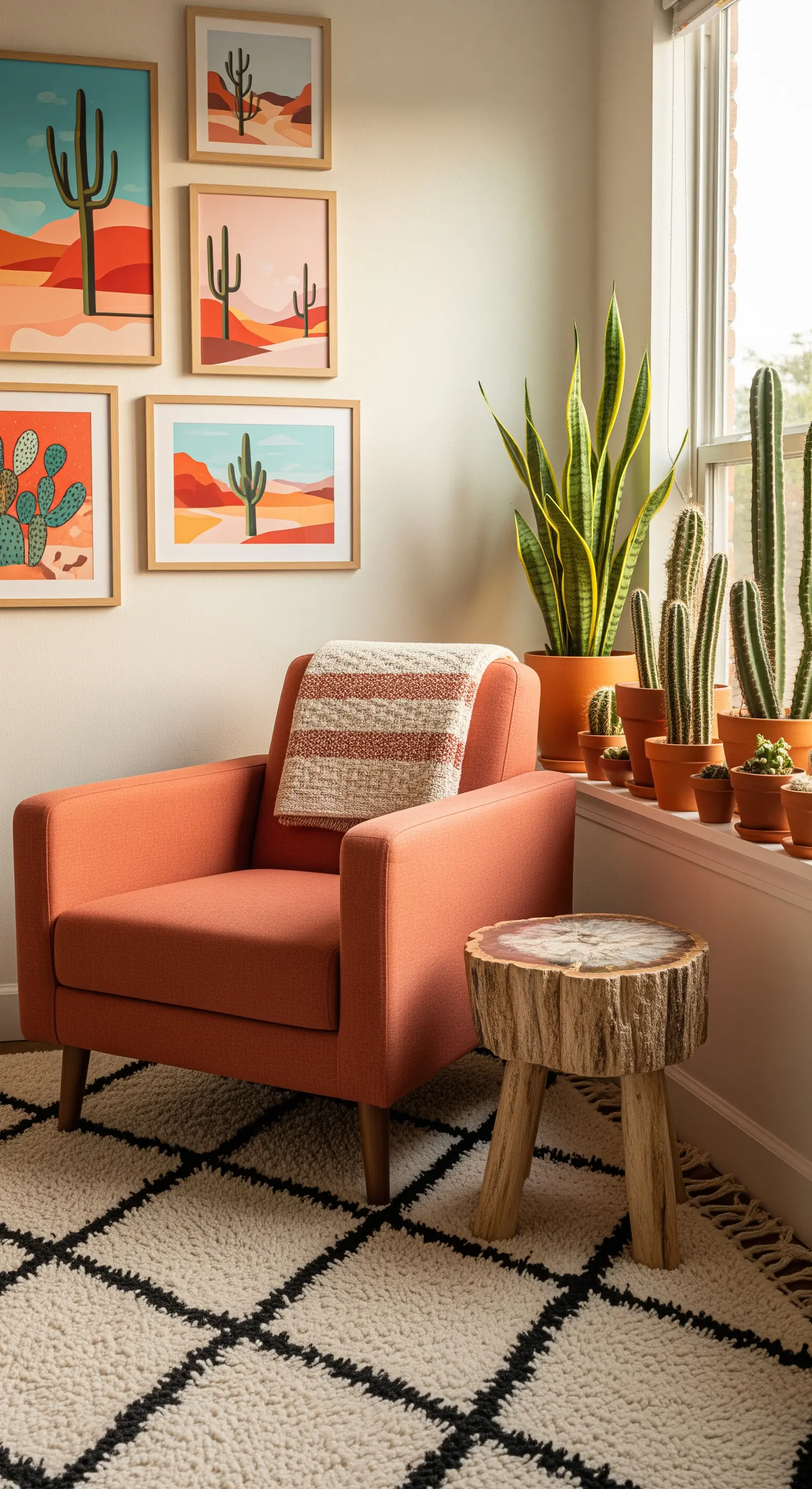 Poltrona color terracotta accanto a una finestra con una collezione di cactus e stampe a tema deserto.