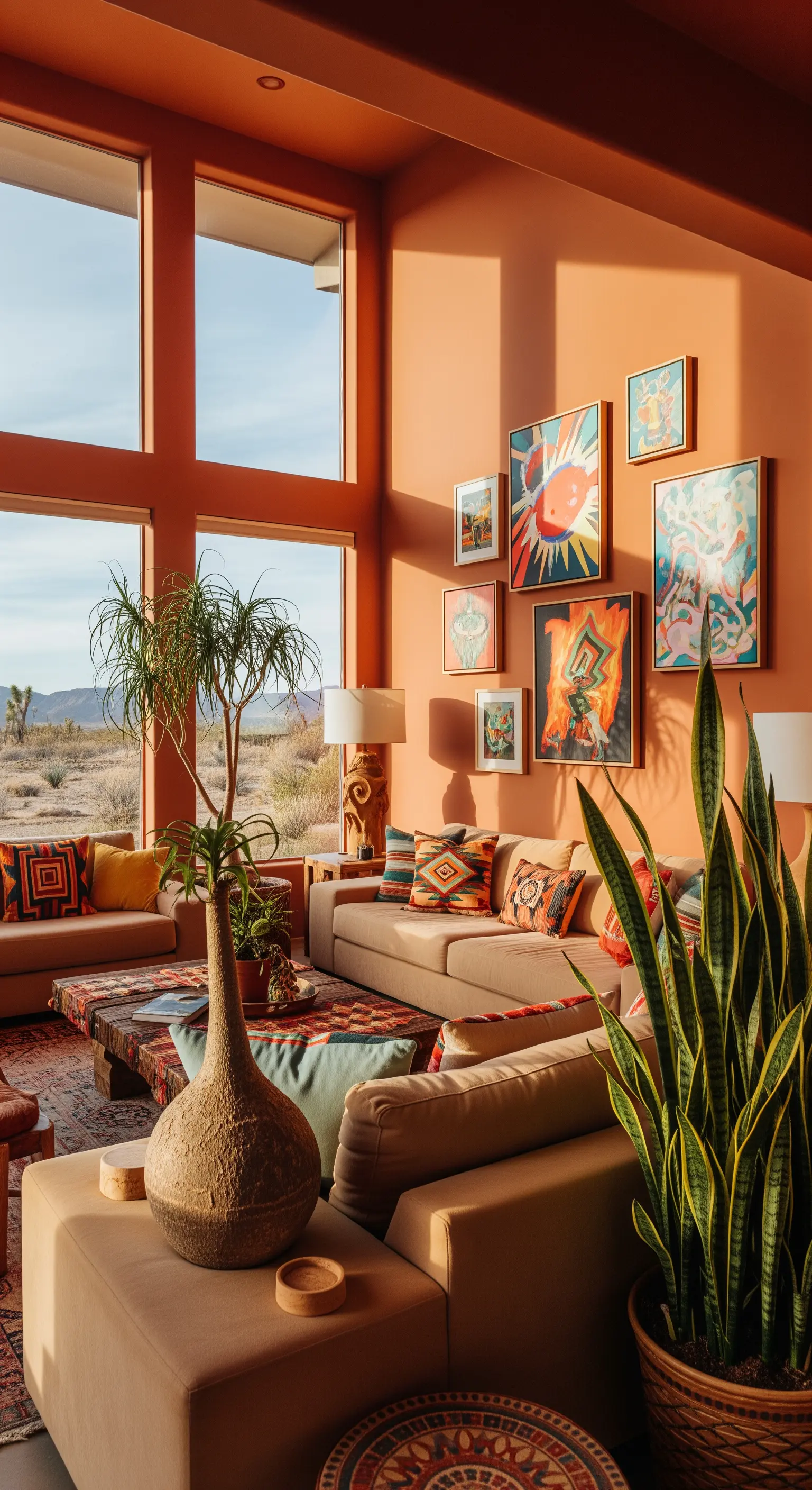 Salotto con pareti color terracotta, grandi finestre e una galleria di quadri a tema desertico.