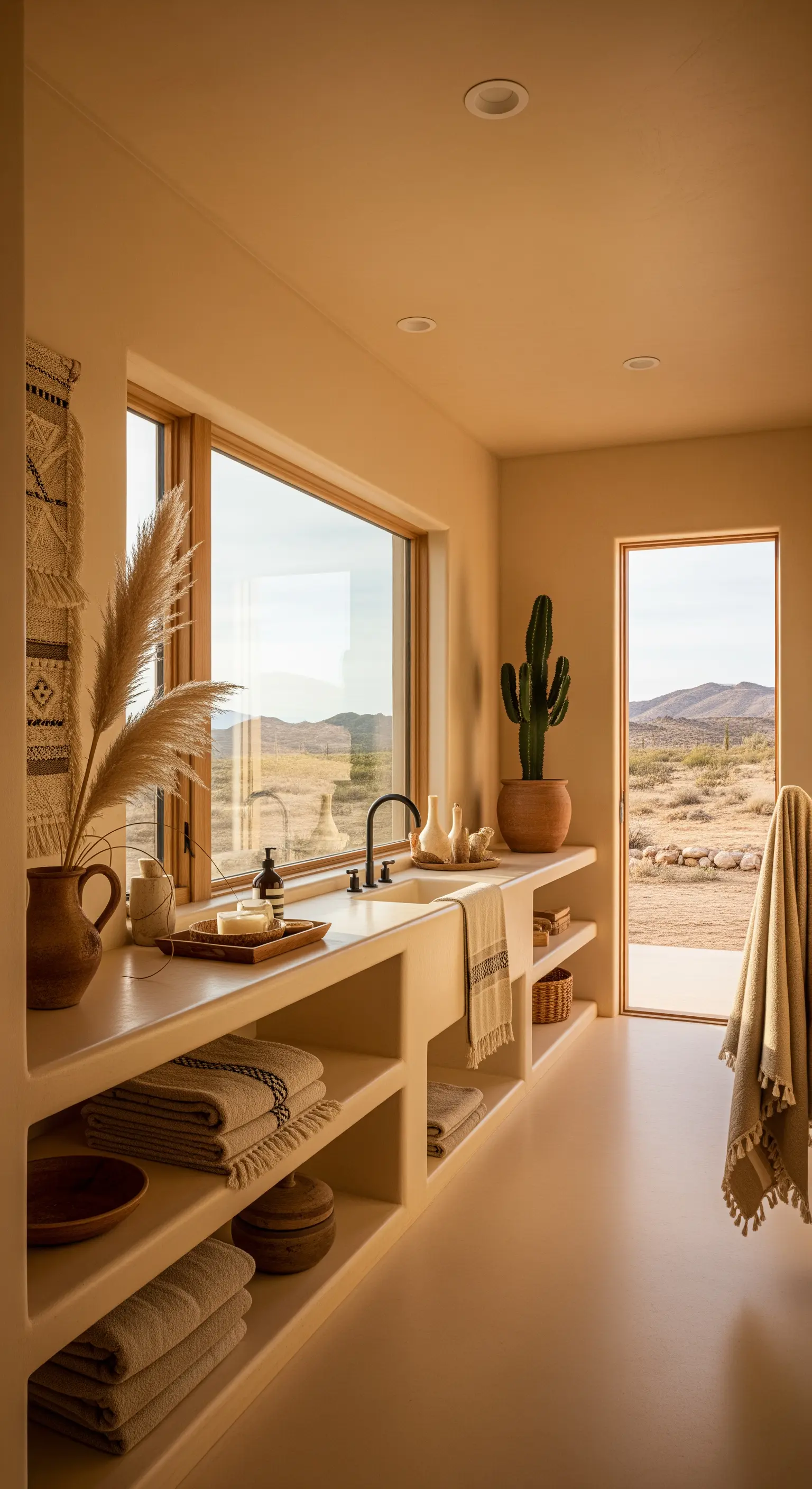 Lungo mobile in muratura color sabbia con scaffali aperti in un bagno in stile desert-modern.