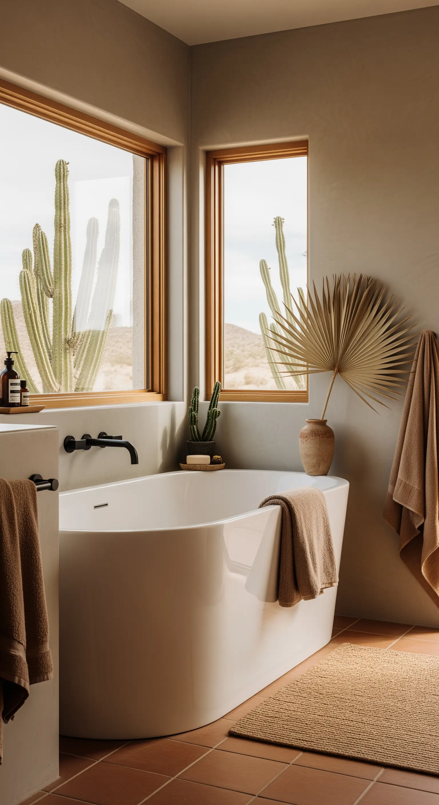 Bagno in stile desert-modern con vasca bianca, pavimento in cotto e vista su cactus.