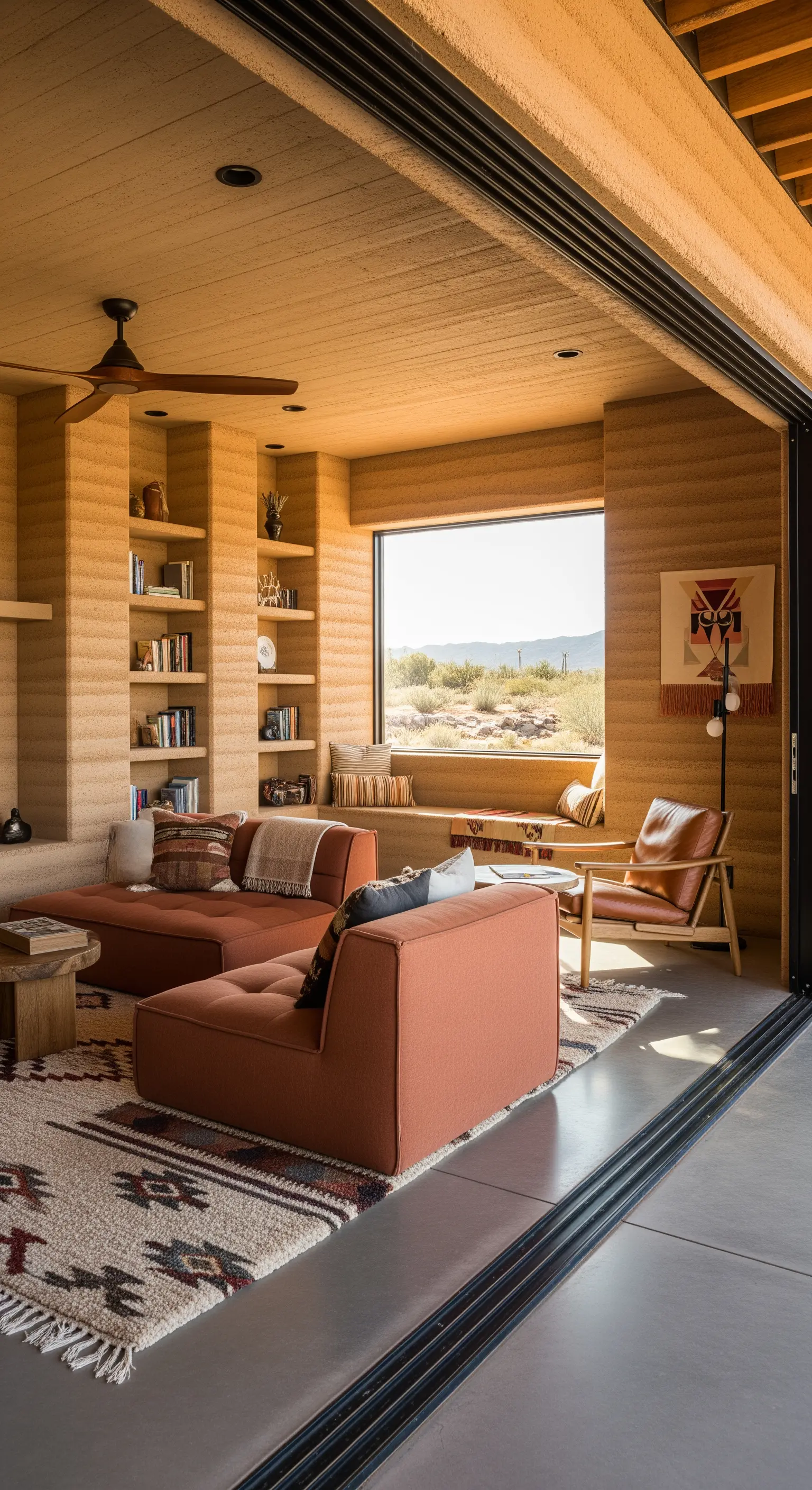 Soggiorno in stile Southwestern con pareti color sabbia e divano componibile color ruggine.