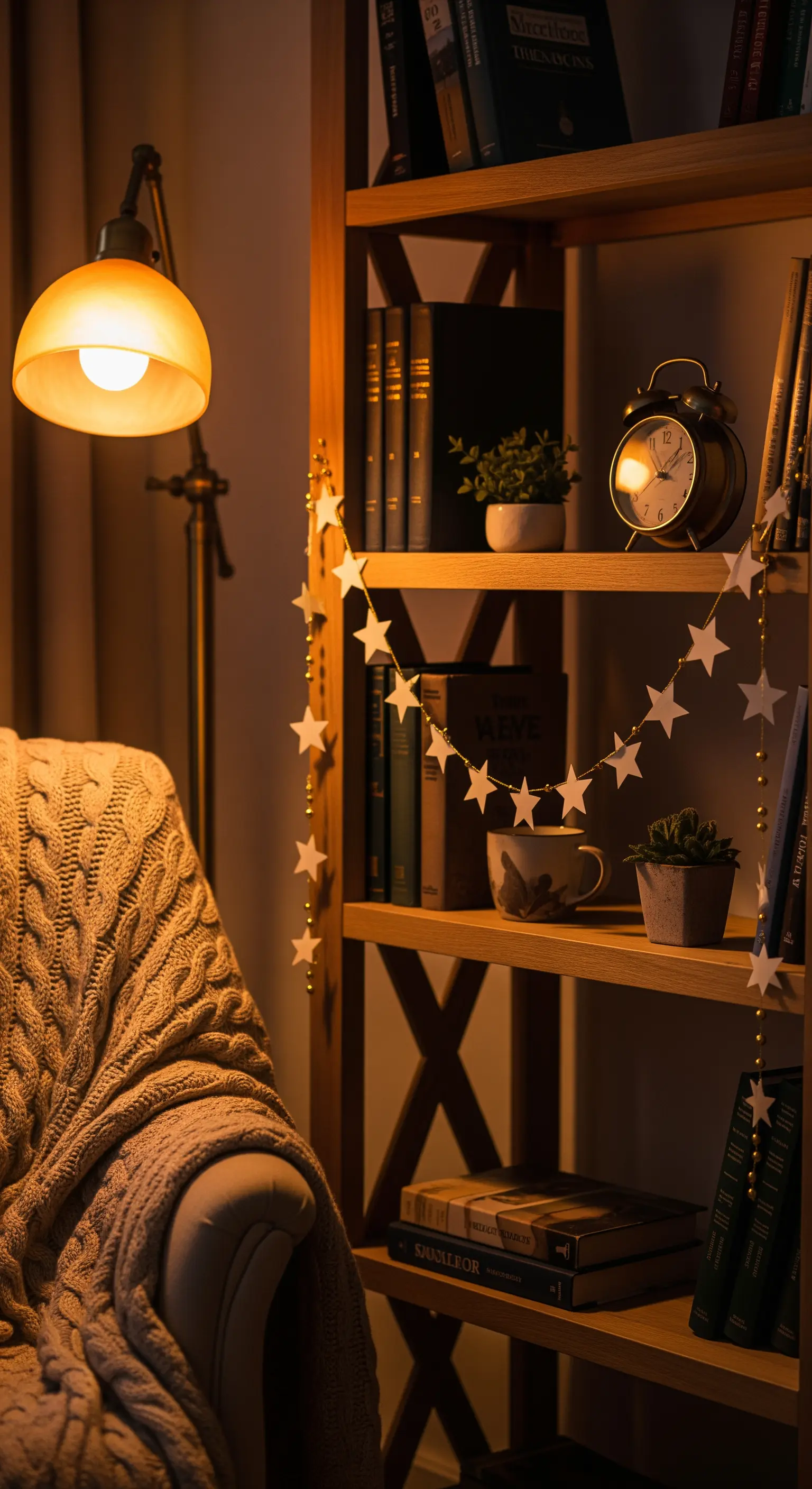 Ghirlanda di piccole stelle di carta che decora una libreria in legno illuminata