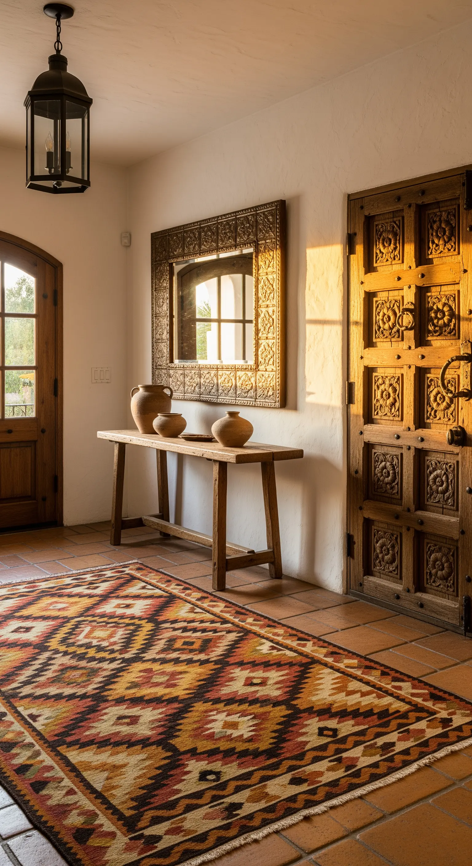 Ingresso Southwestern con pavimento in cotto, tavolo rustico e specchio in metallo lavorato.
