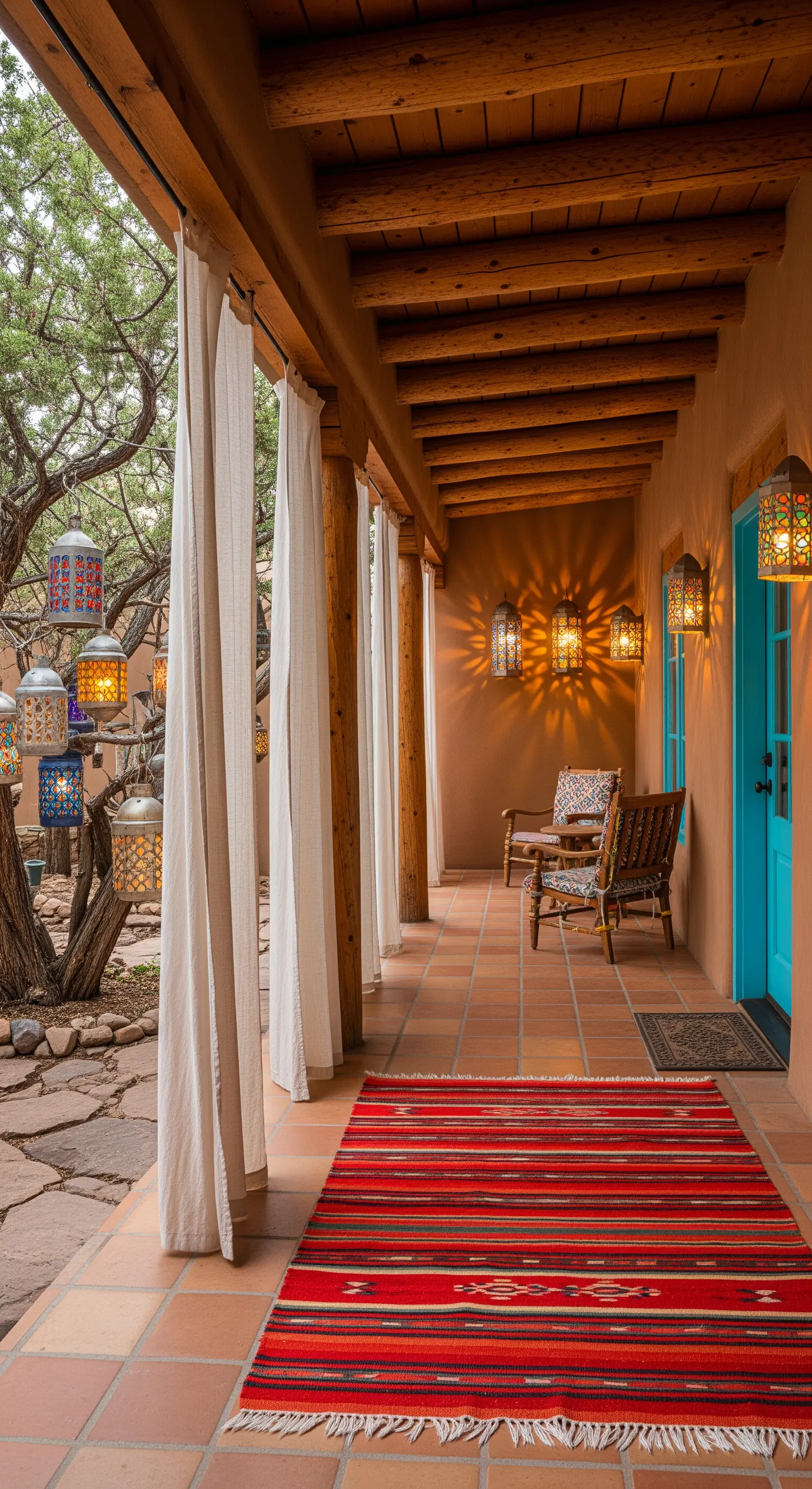 Patio in stile Southwestern con pavimento in cotto, tappeto kilim rosso e lanterne colorate