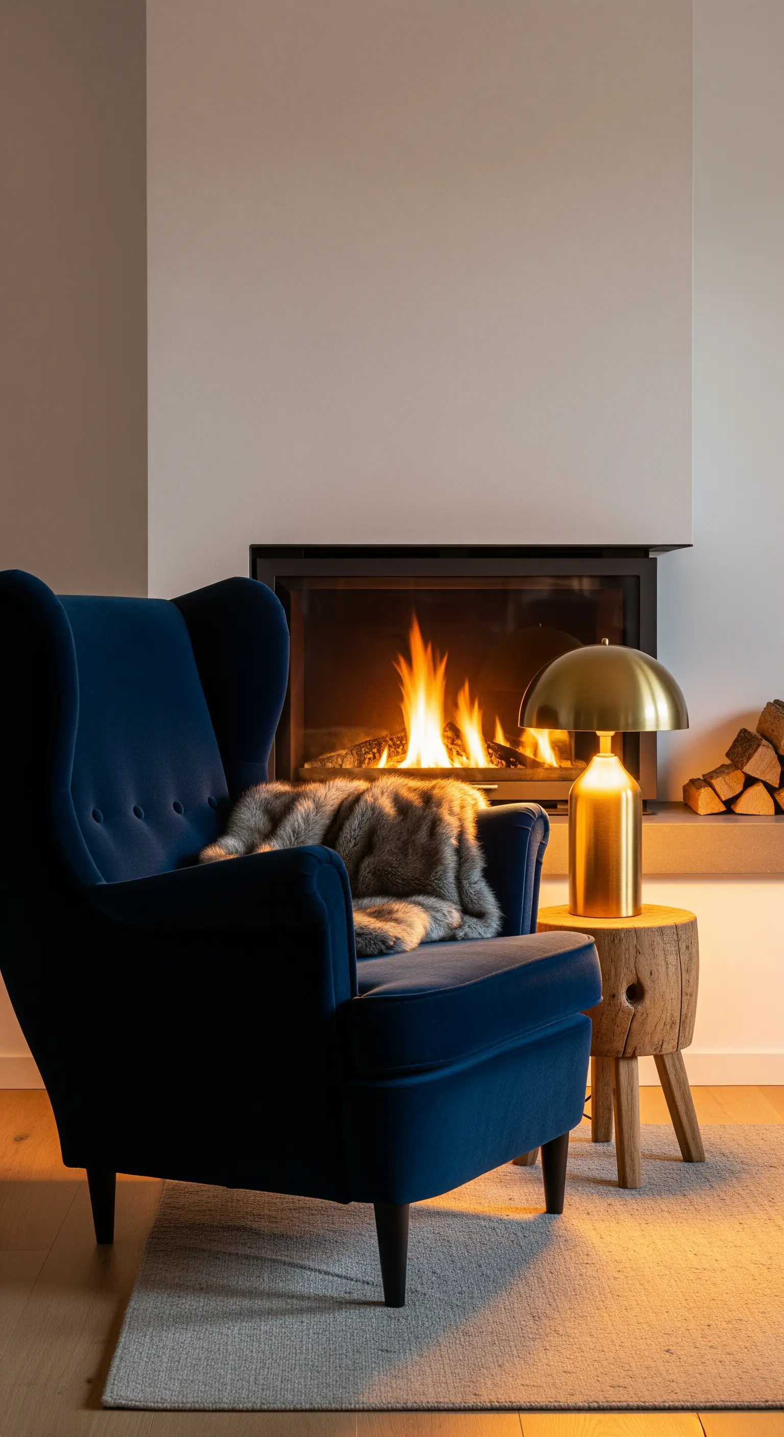 Poltrona in velluto blu accanto a un camino acceso, con lampada a fungo dorata.