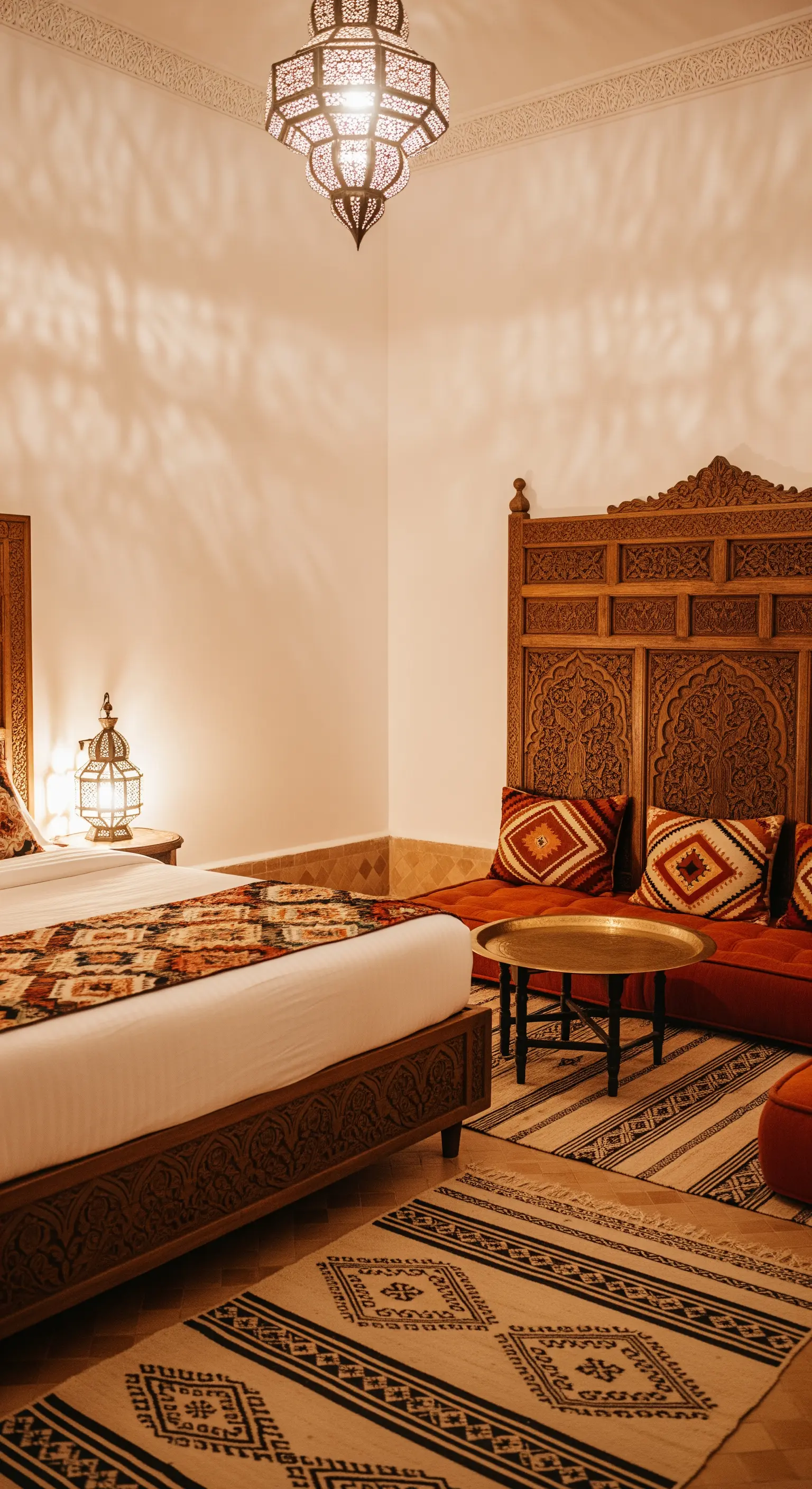Camera in stile marocchino con letto in legno intagliato e lanterna in metallo traforato.