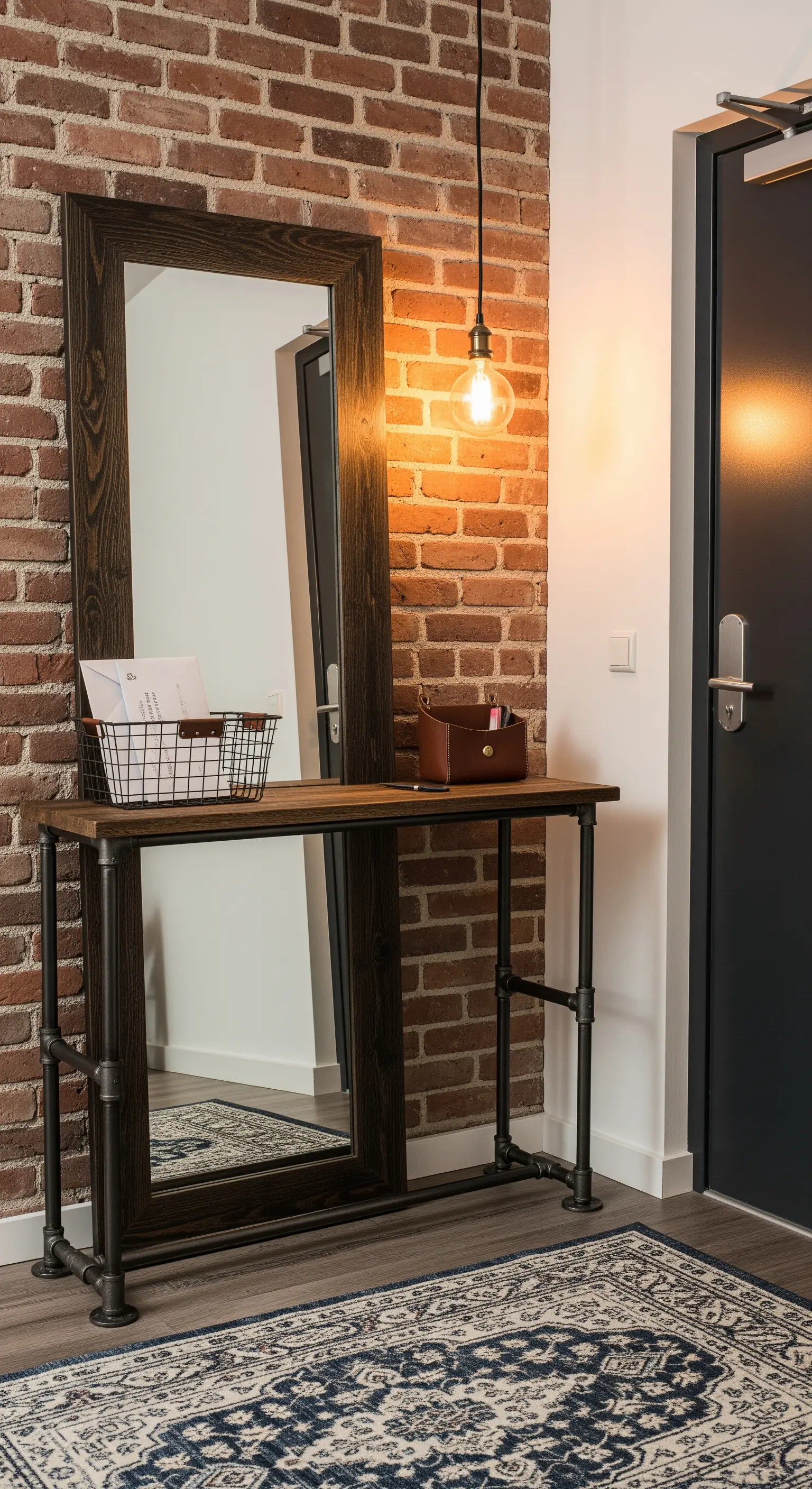 Ingresso industrial con parete in mattoni, consolle in metallo e legno, e specchio a tutta altezza.