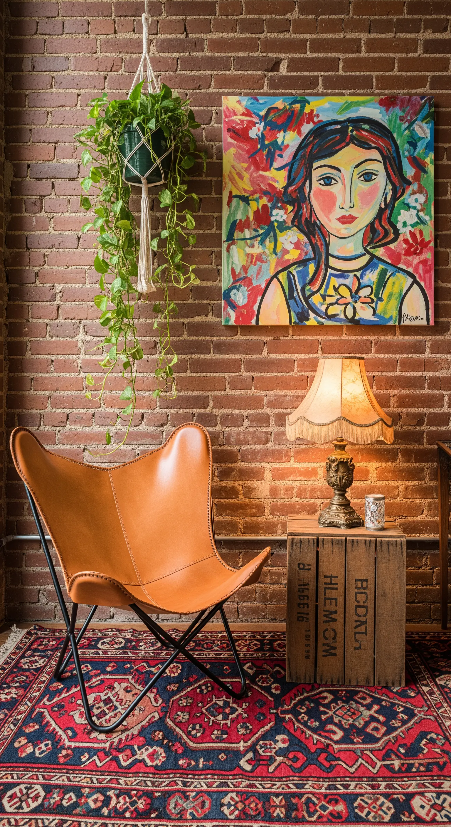 Poltrona in pelle a farfalla su un tappeto persiano davanti a una parete di mattoni rossi.