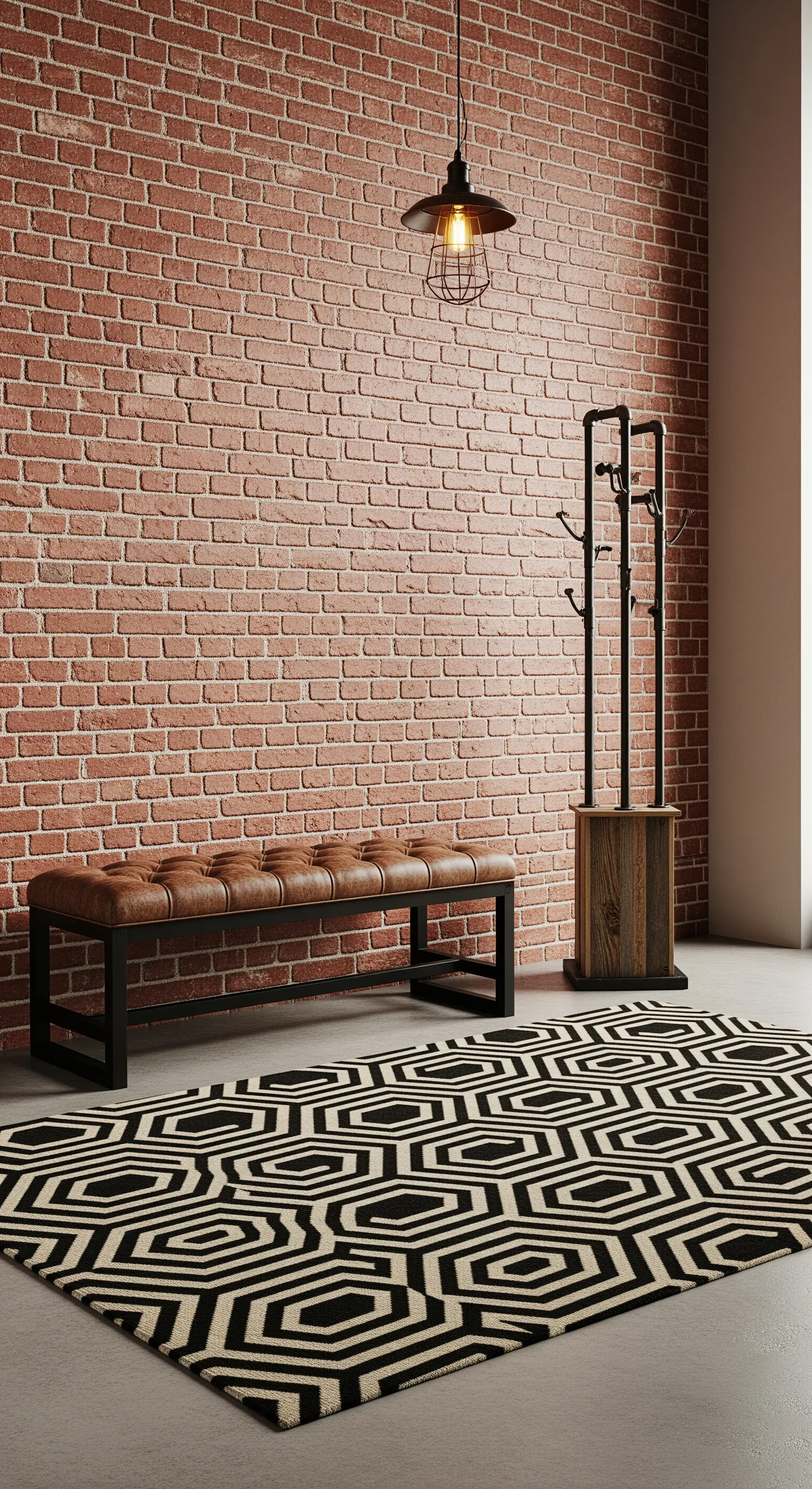Ingresso industrial con parete in mattoni, panca in pelle marrone e tappeto grafico a esagoni.