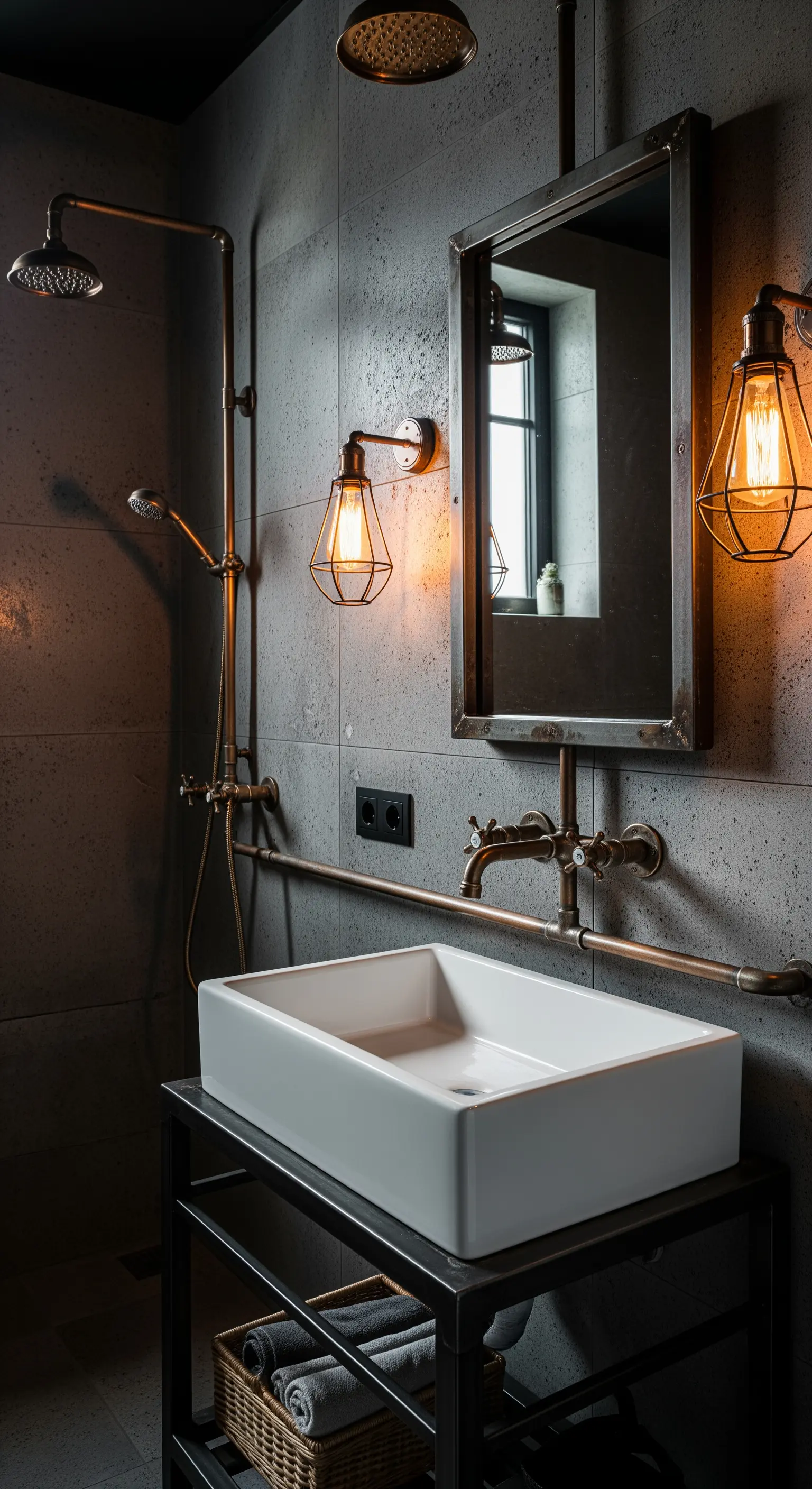 Bagno industrial con tubi in rame a vista, lavabo bianco e pareti grigie.