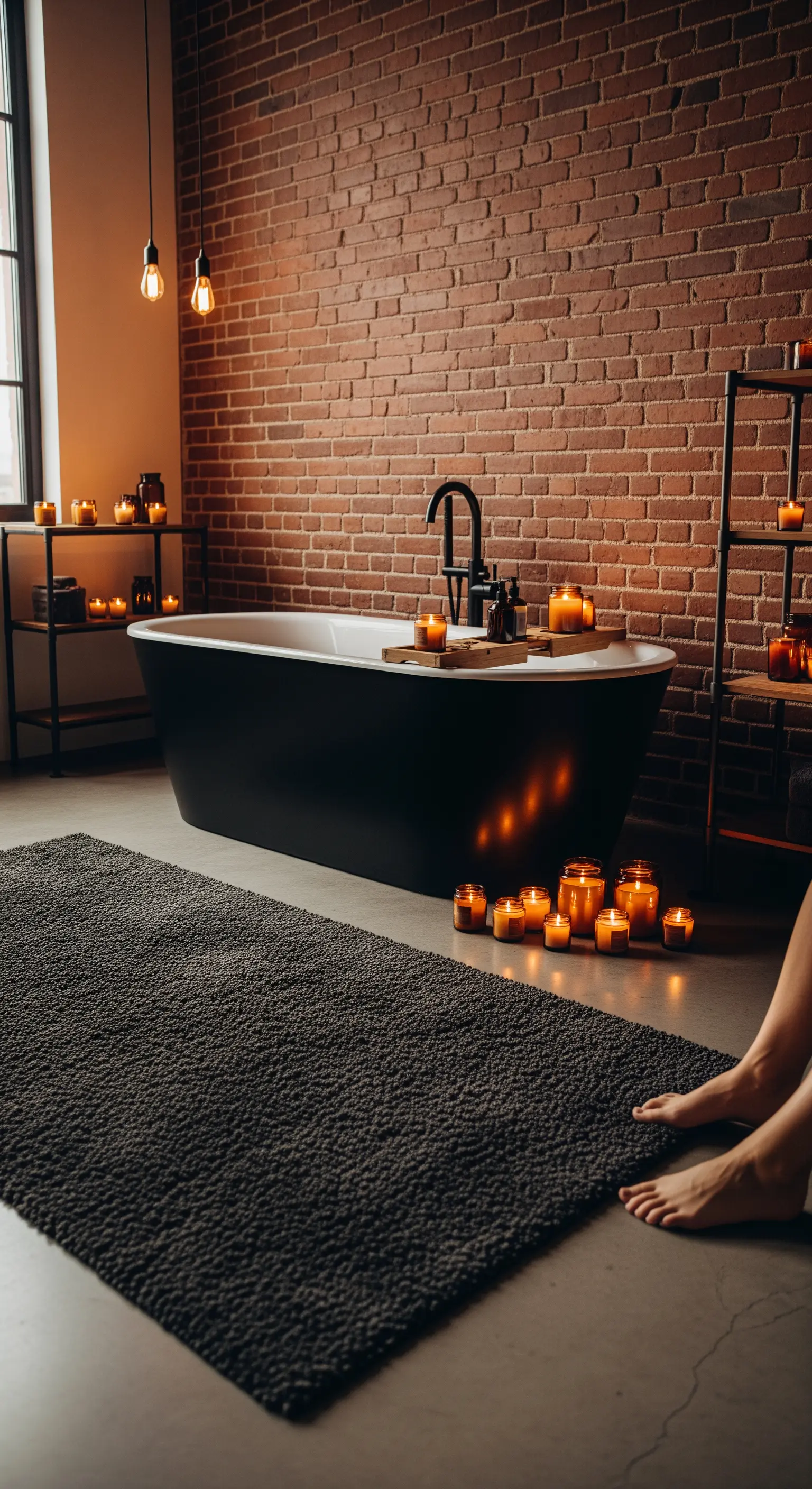 Bagno in stile industrial con vasca nera, parete in mattoni e tappeto scuro a pelo lungo.