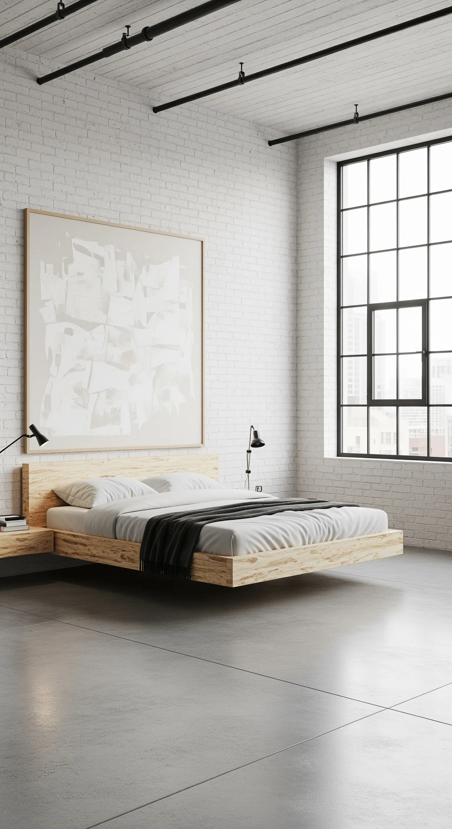 Letto sospeso in legno chiaro in un loft con parete di mattoni bianchi.