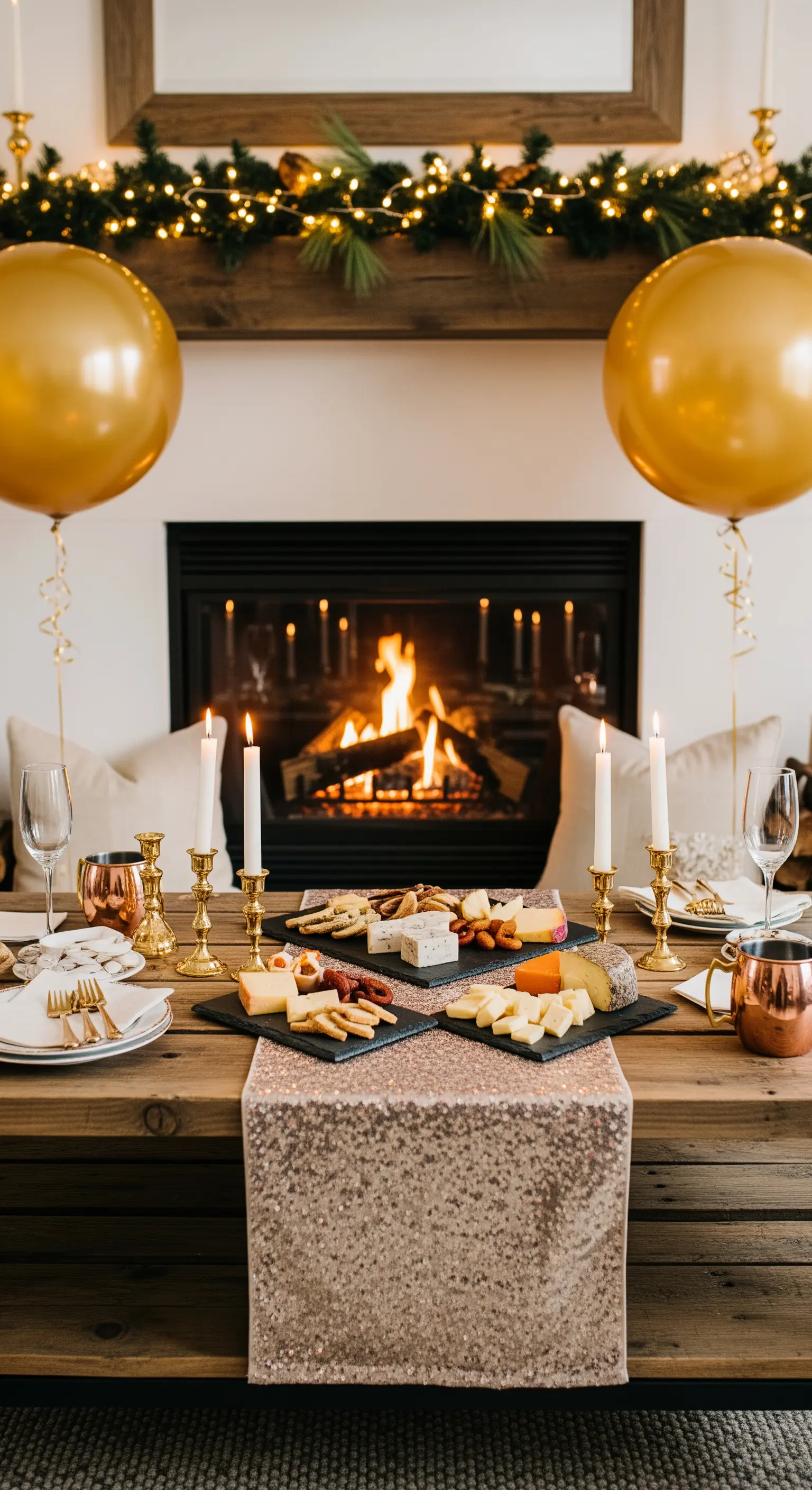 Tavola rustica davanti a un camino acceso, con runner di paillettes e palloncini dorati.