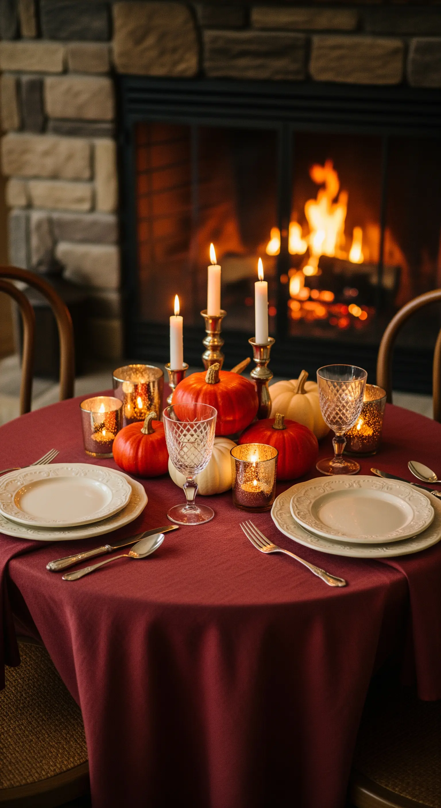 Tavola autunnale davanti a un camino acceso con tovaglia rossa, candele e zucche.