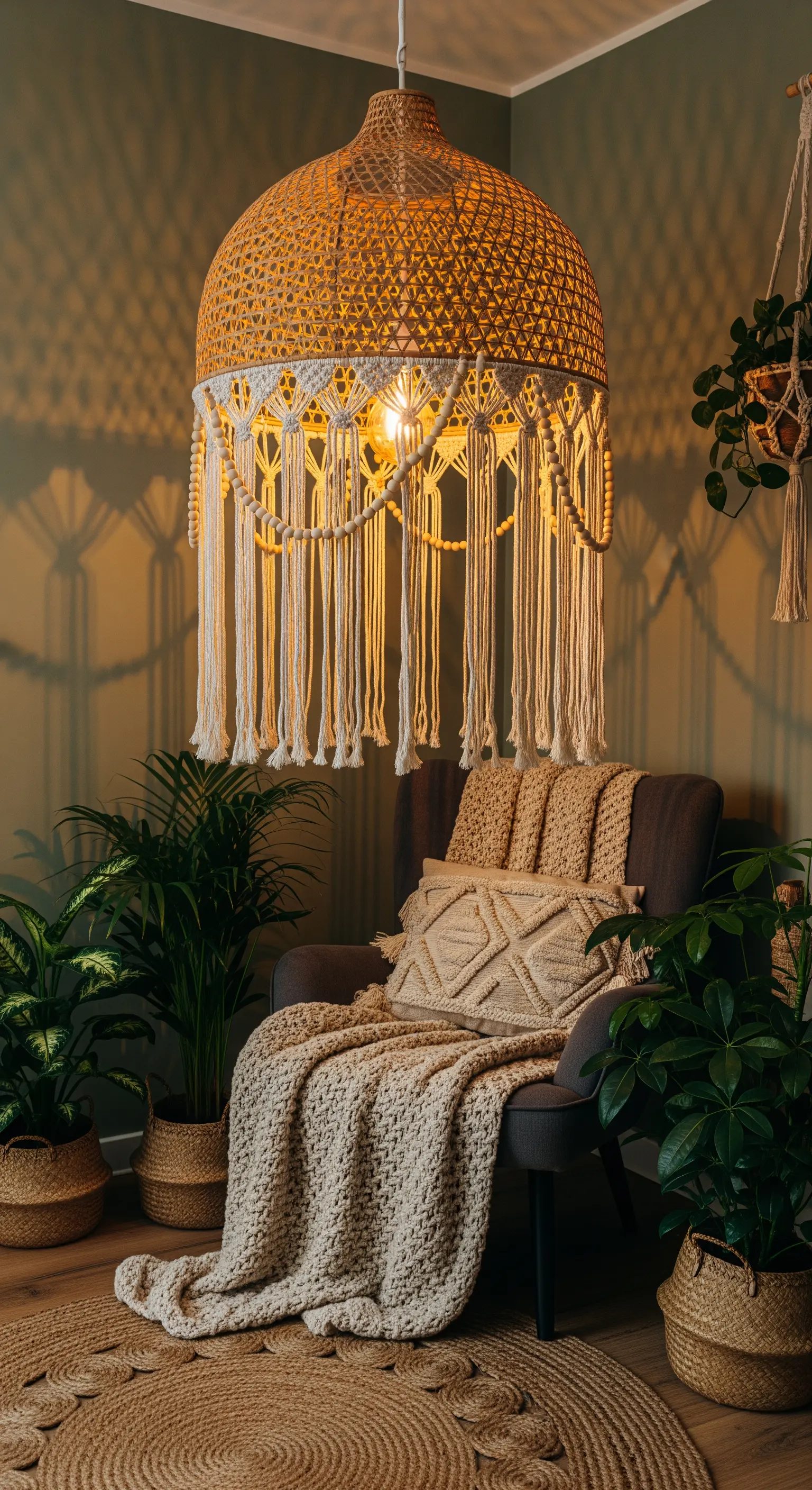 Lampadario in vimini con frange in macramè in un angolo lettura.