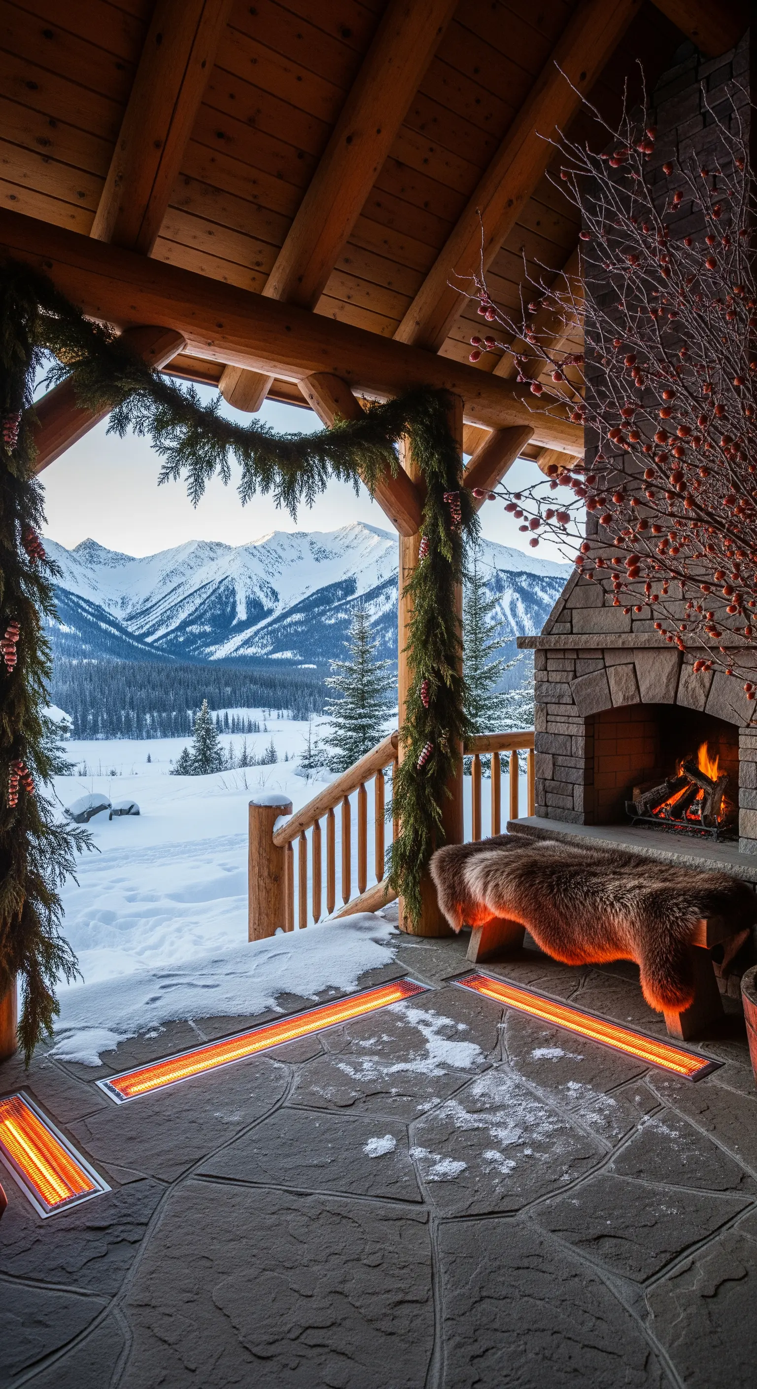 Portico di una baita in inverno con camino acceso, vista sulle montagne e riscaldamento a pavimento.