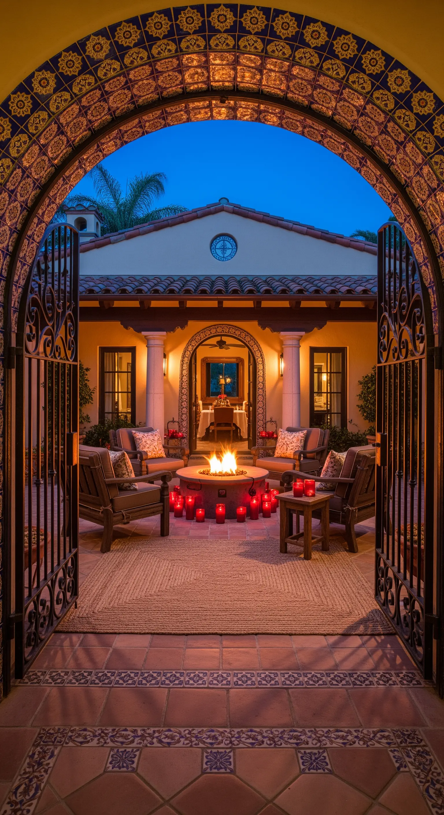Cortile in stile spagnolo con arco piastrellato, braciere e poltrone.