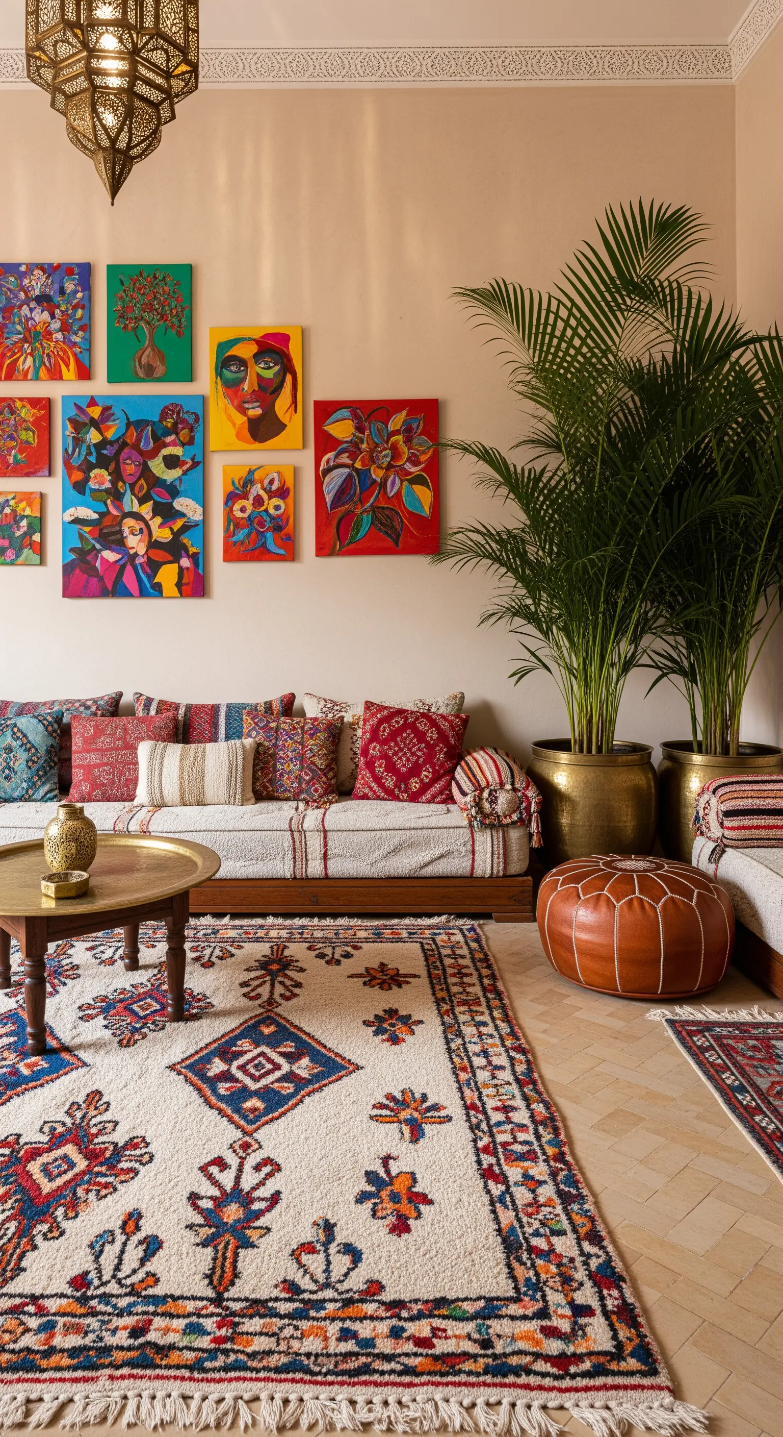 Salotto in stile marocchino con tappeto berbero, divano basso, pouf in pelle e quadri colorati.