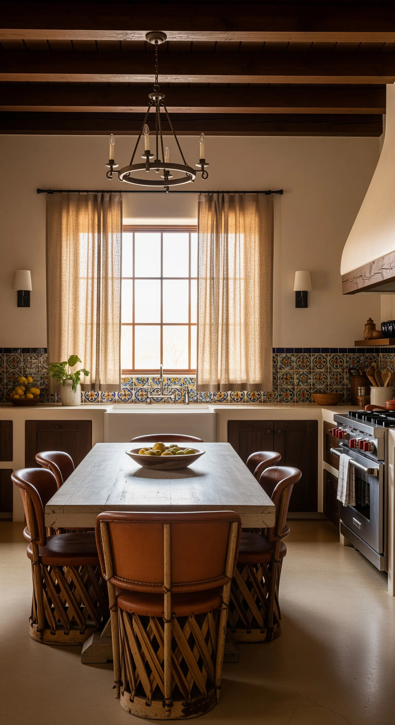 Cucina in stile rustico con piastrelle decorate, tavolo in legno e tende di iuta.