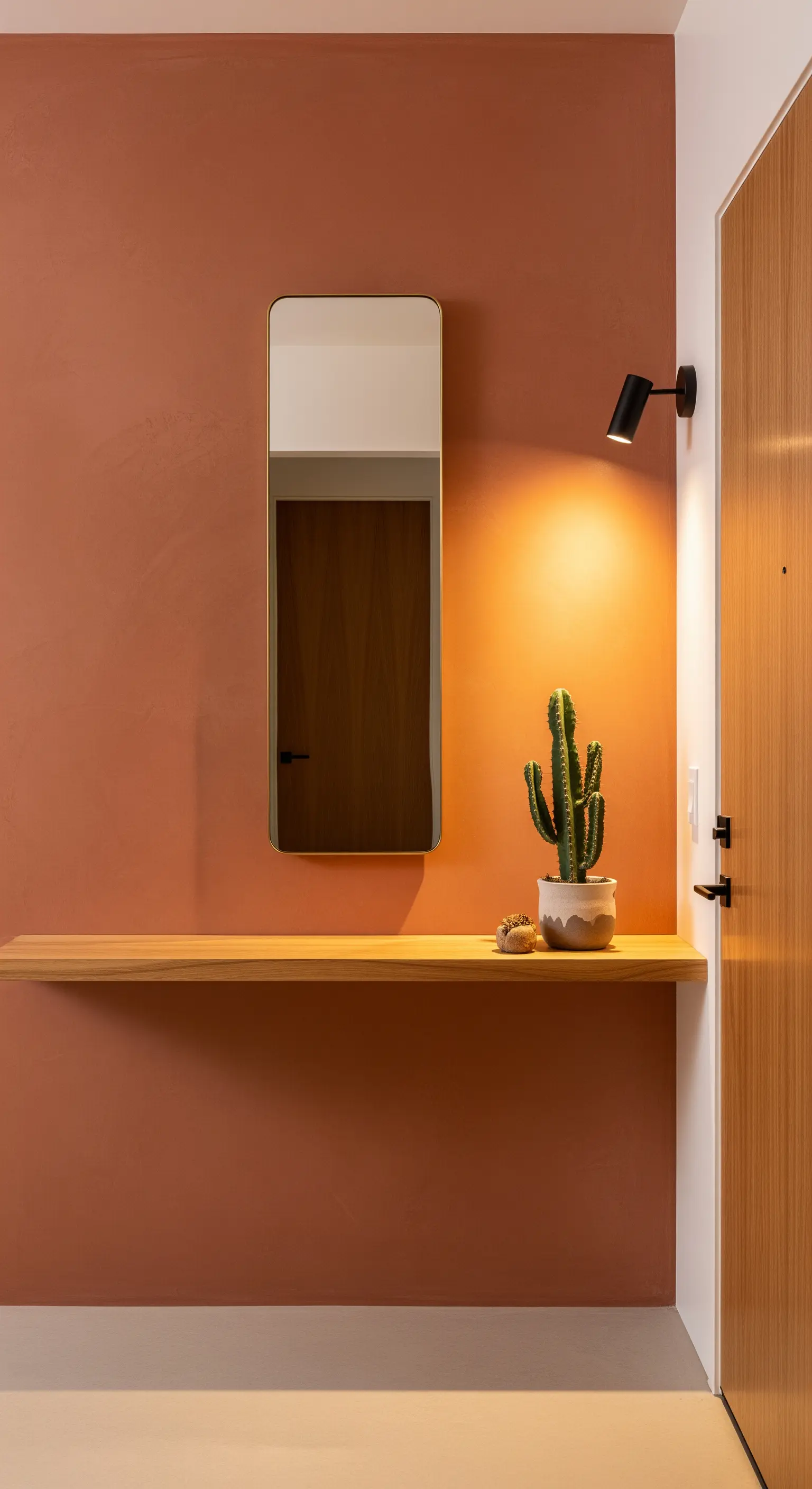 Mensola in legno sospesa su parete color terracotta, illuminata da un faretto a parete.