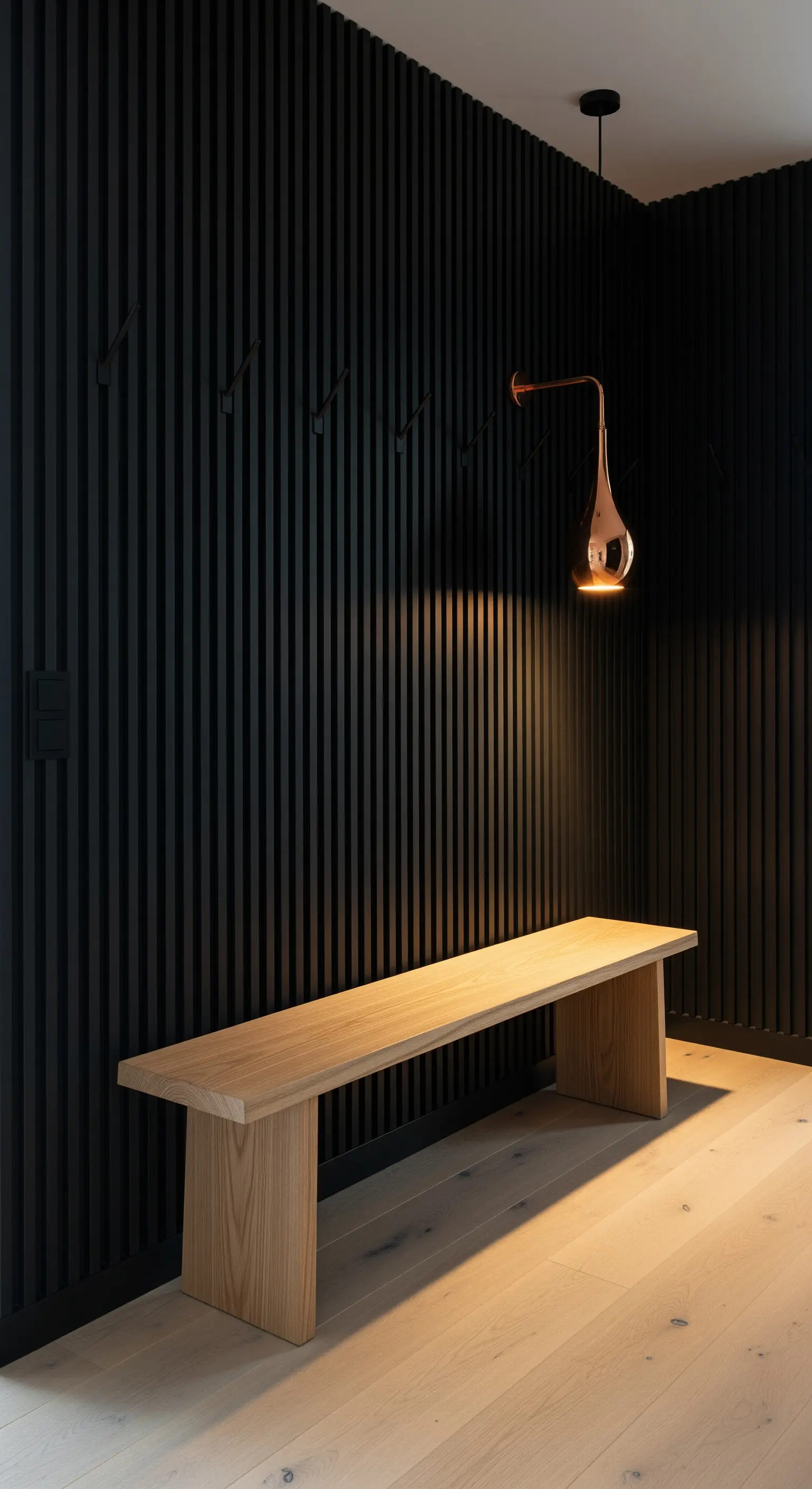 Parete a listelli neri con panca in legno chiaro e lampada a sospensione in rame.