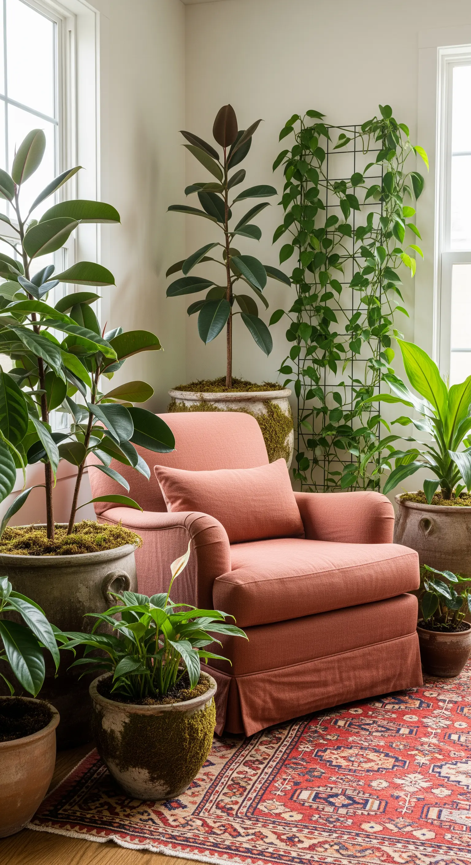 Poltrona color corallo su un tappeto persiano, circondata da piante in vasi di terracotta.