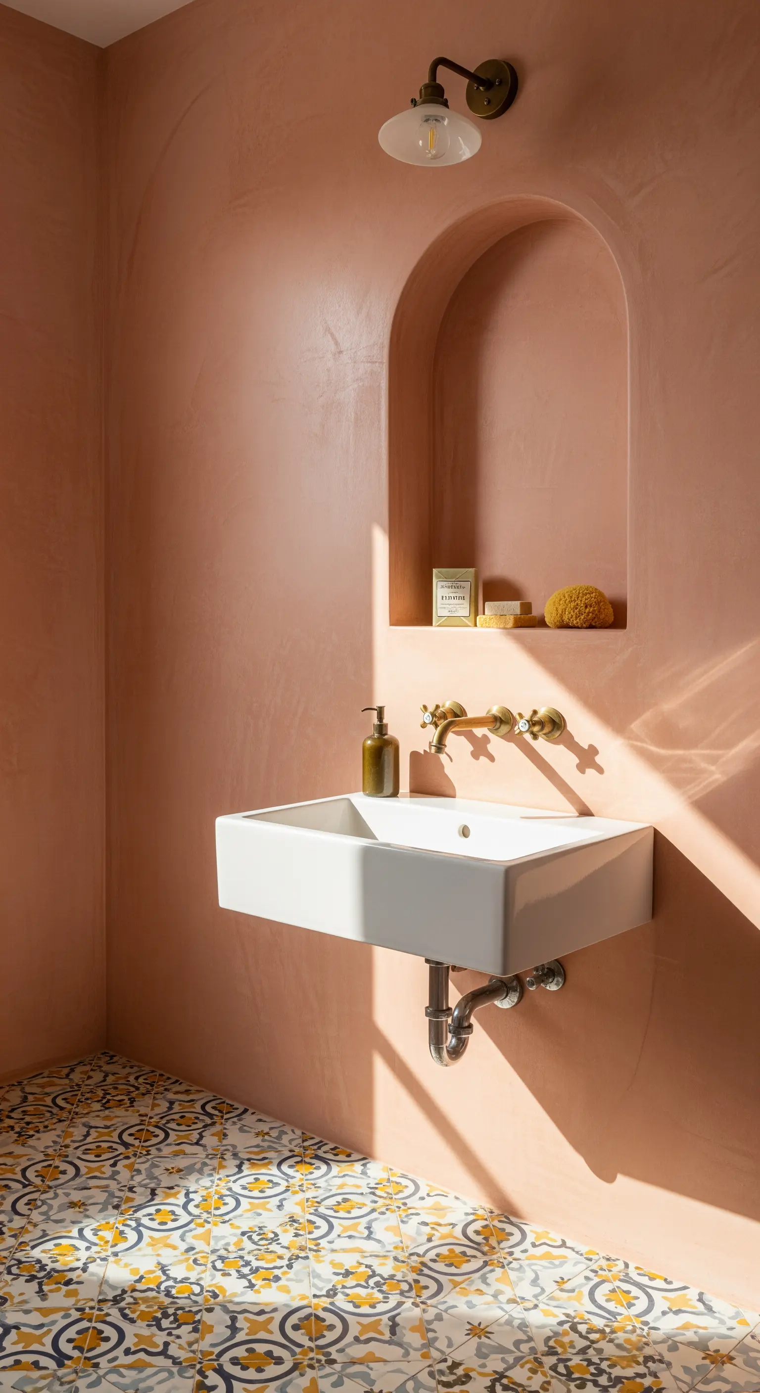 Bagno con pareti rosa terracotta, nicchia ad arco e pavimento con piastrelle decorate.