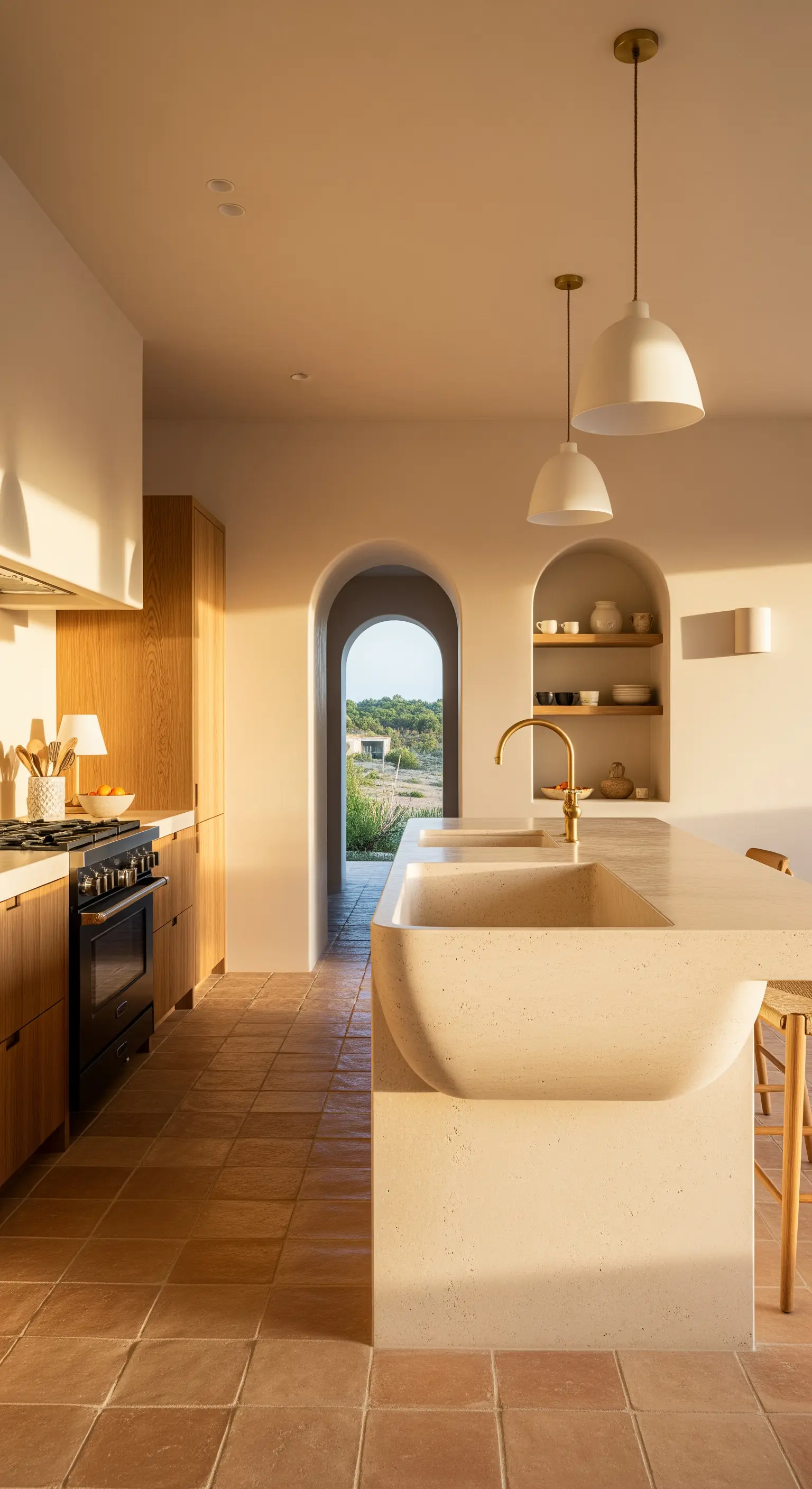 Isola in pietra color sabbia con lavello integrato dalle forme morbide in una cucina mediterranea.