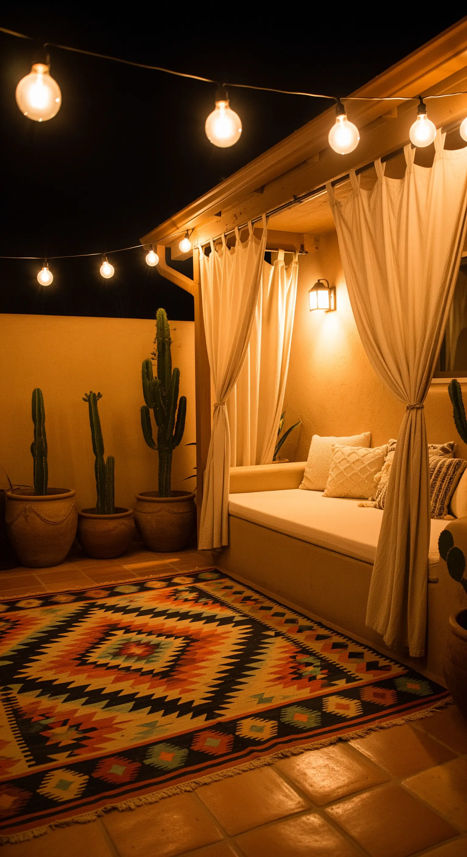 Patio in stile mediterraneo con daybed, tappeto kilim colorato e cactus in vaso.