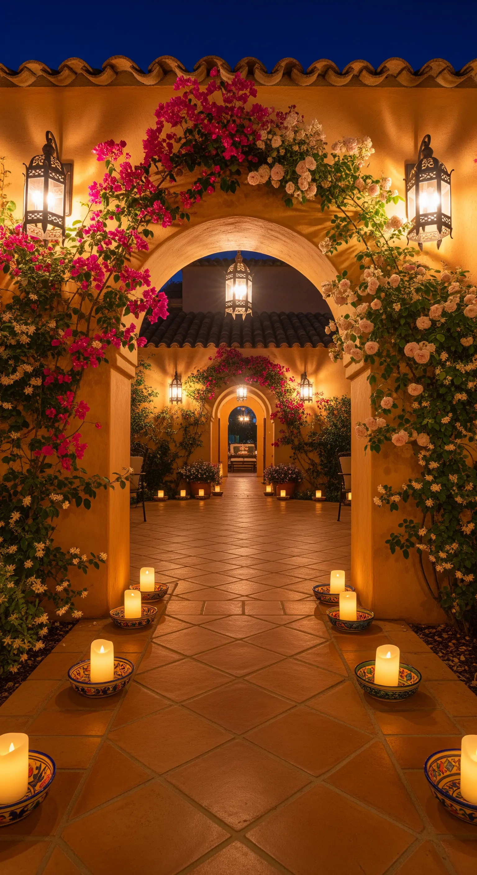 Portico in stile mediterraneo con bouganville, gelsomino e lanterne a parete.