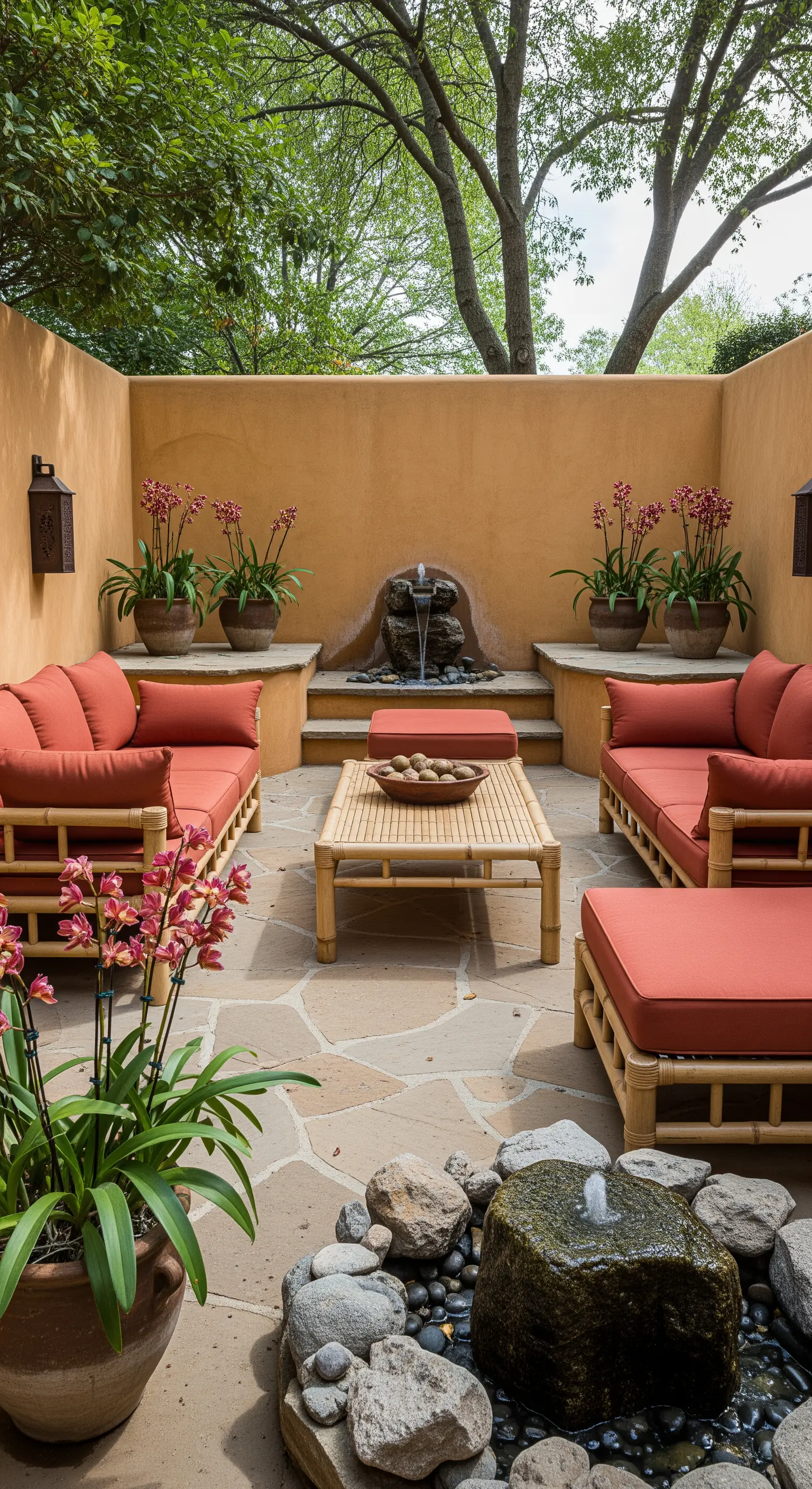 Cortile con pareti color terracotta e arredi in bambù con cuscini rossi.