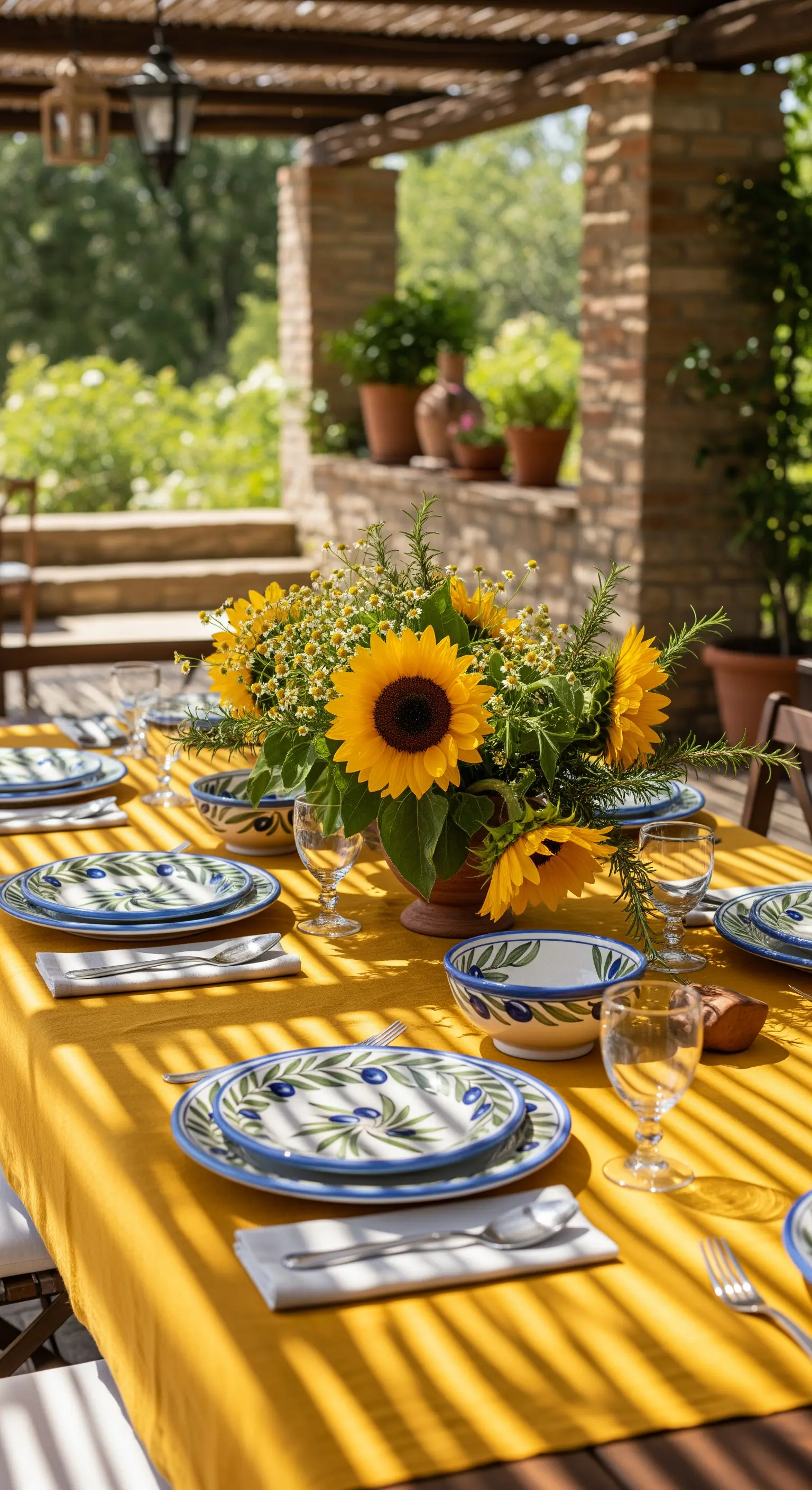 Tavola estiva con tovaglia gialla, piatti in ceramica decorata e un centrotavola di girasoli.