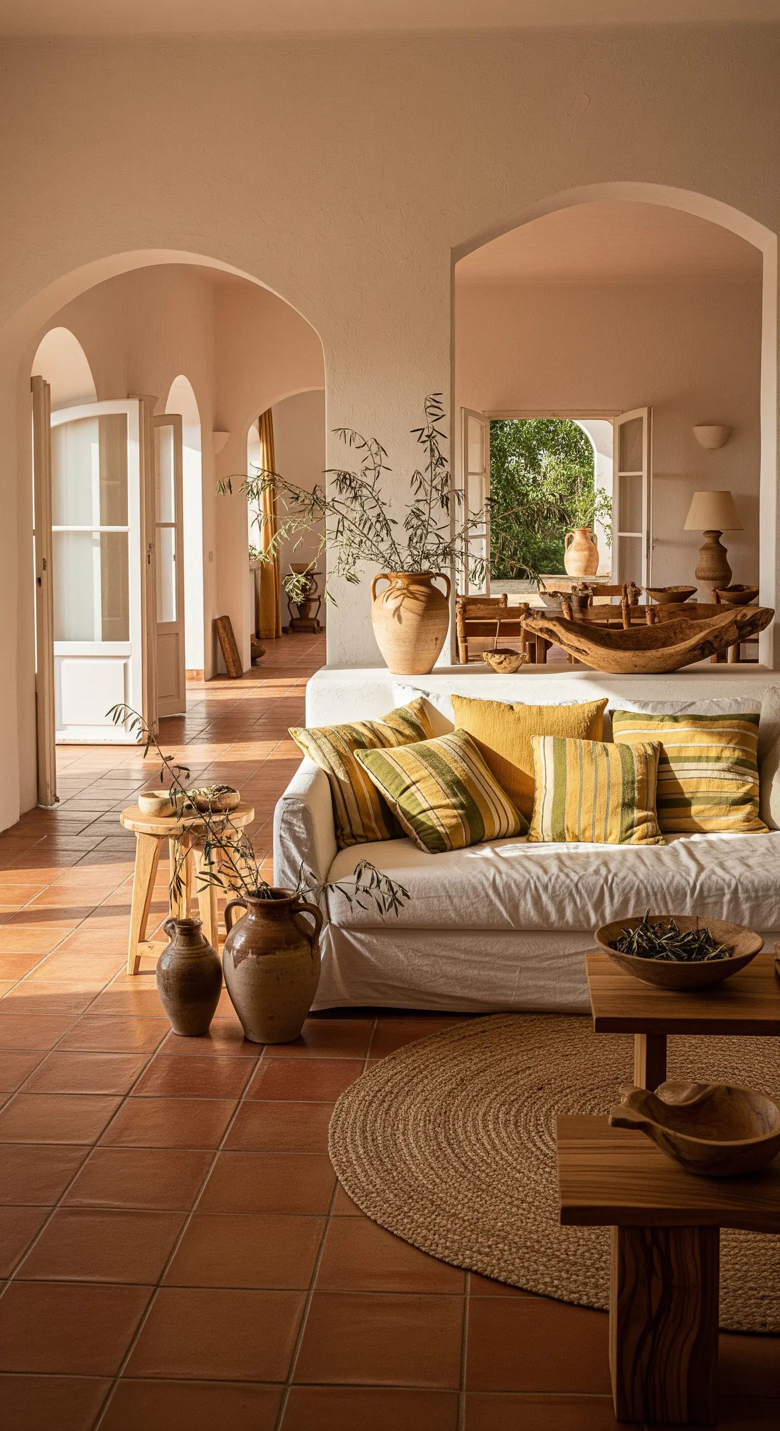 Soggiorno in stile mediterraneo con pavimento in cotto e cuscini a righe senape e verdi.