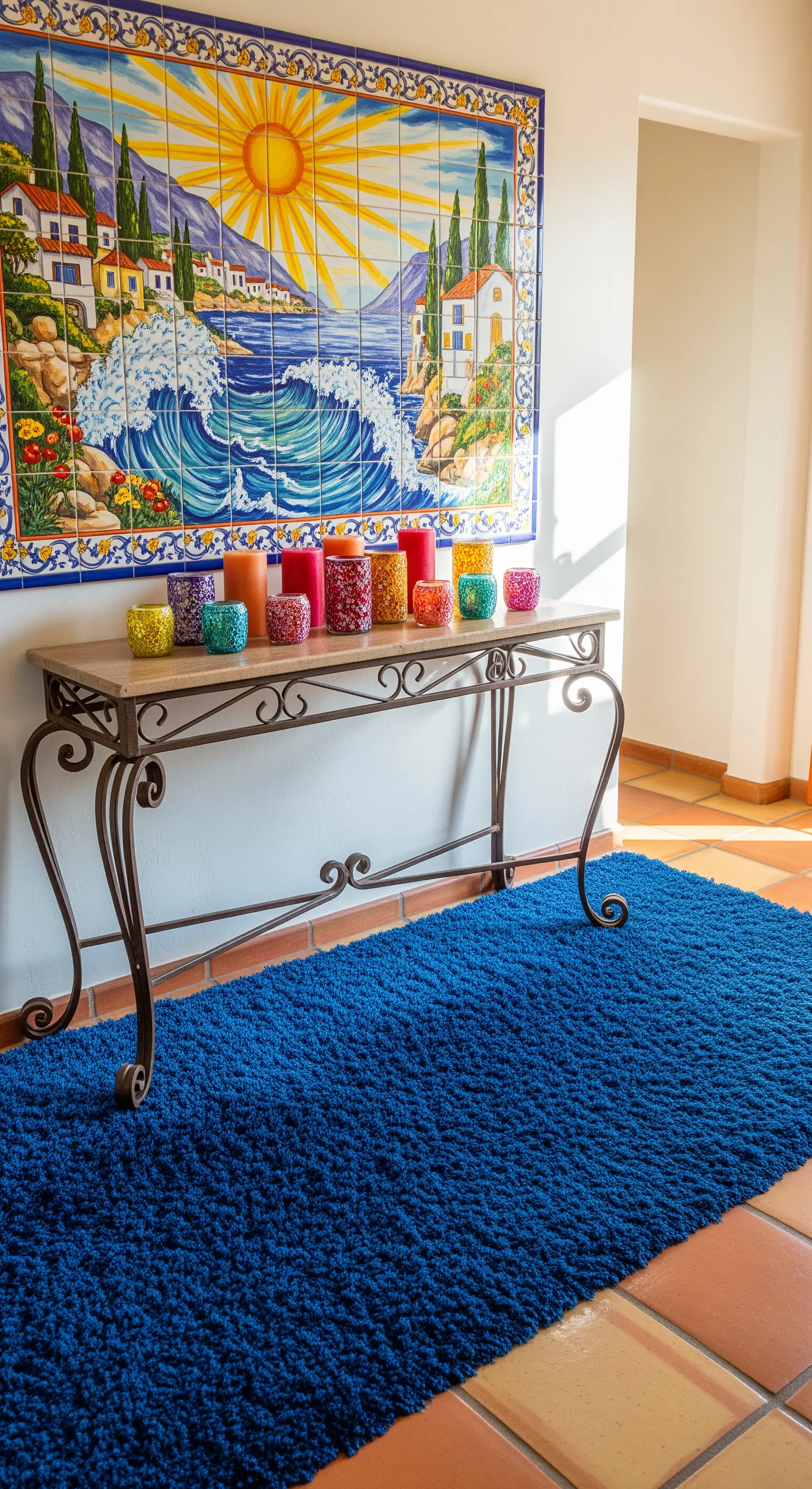 Ingresso mediterraneo con grande pannello di maioliche, consolle in ferro battuto e tappeto blu acceso.