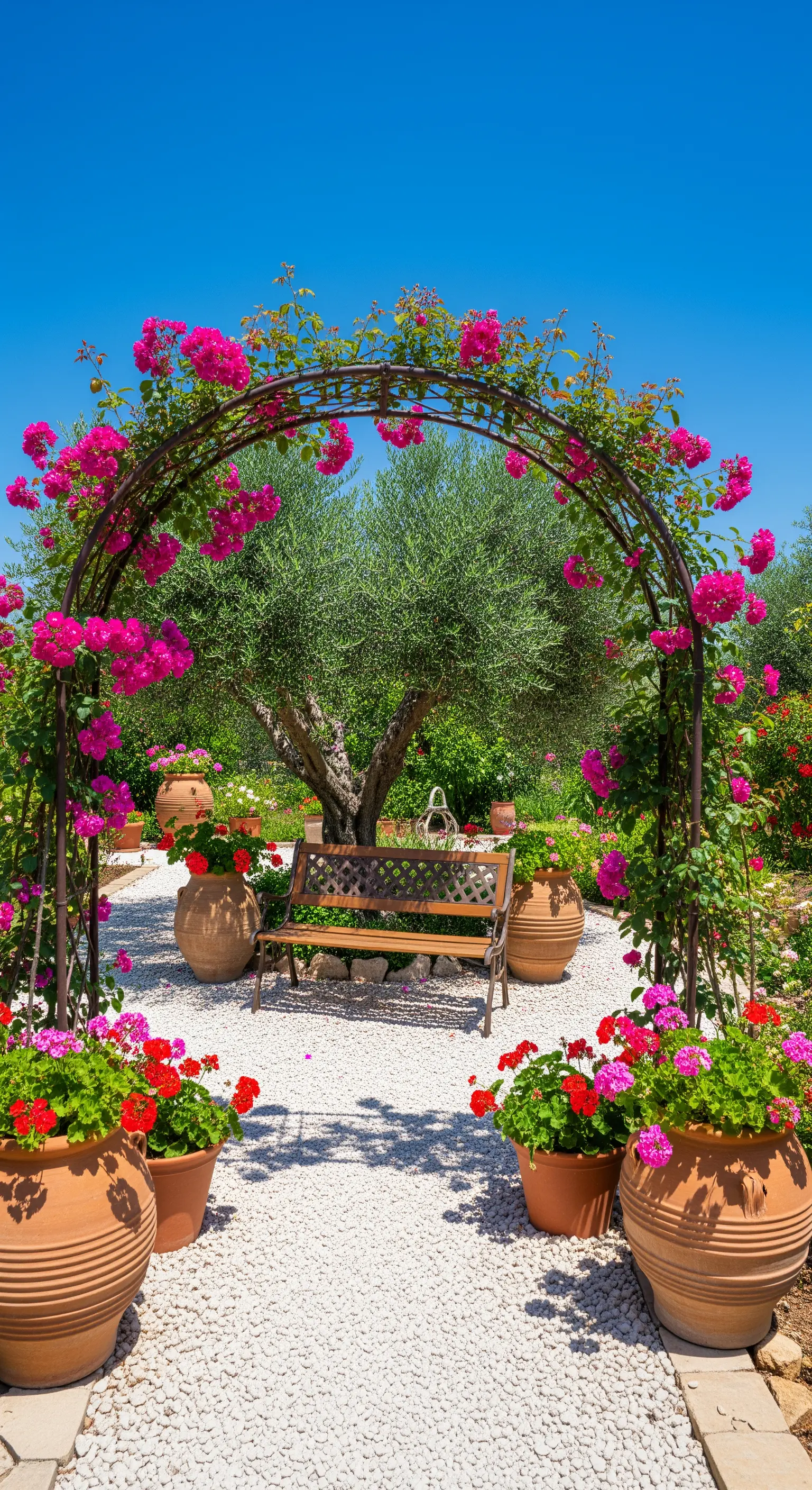 Giardino in stile mediterraneo con arco fiorito, panchina in legno e grandi vasi di terracotta.