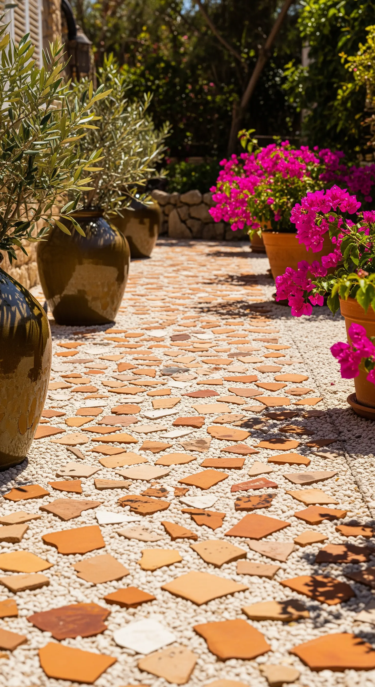 Sentiero da giardino realizzato con frammenti di terracotta irregolari su un letto di ghiaia bianca.