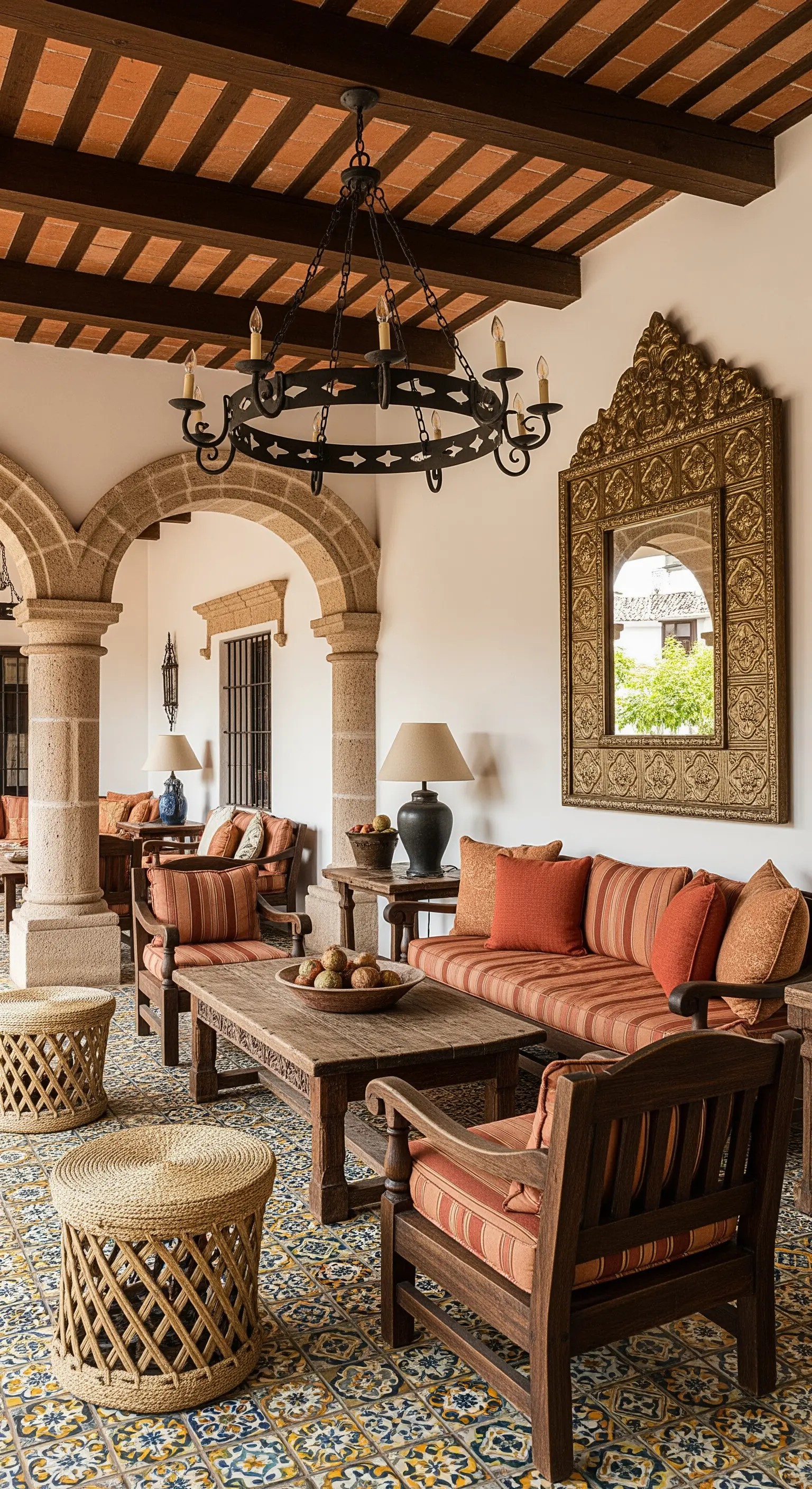 Patio in stile hacienda con pavimento piastrellato, mobili in legno e grande specchio dorato.