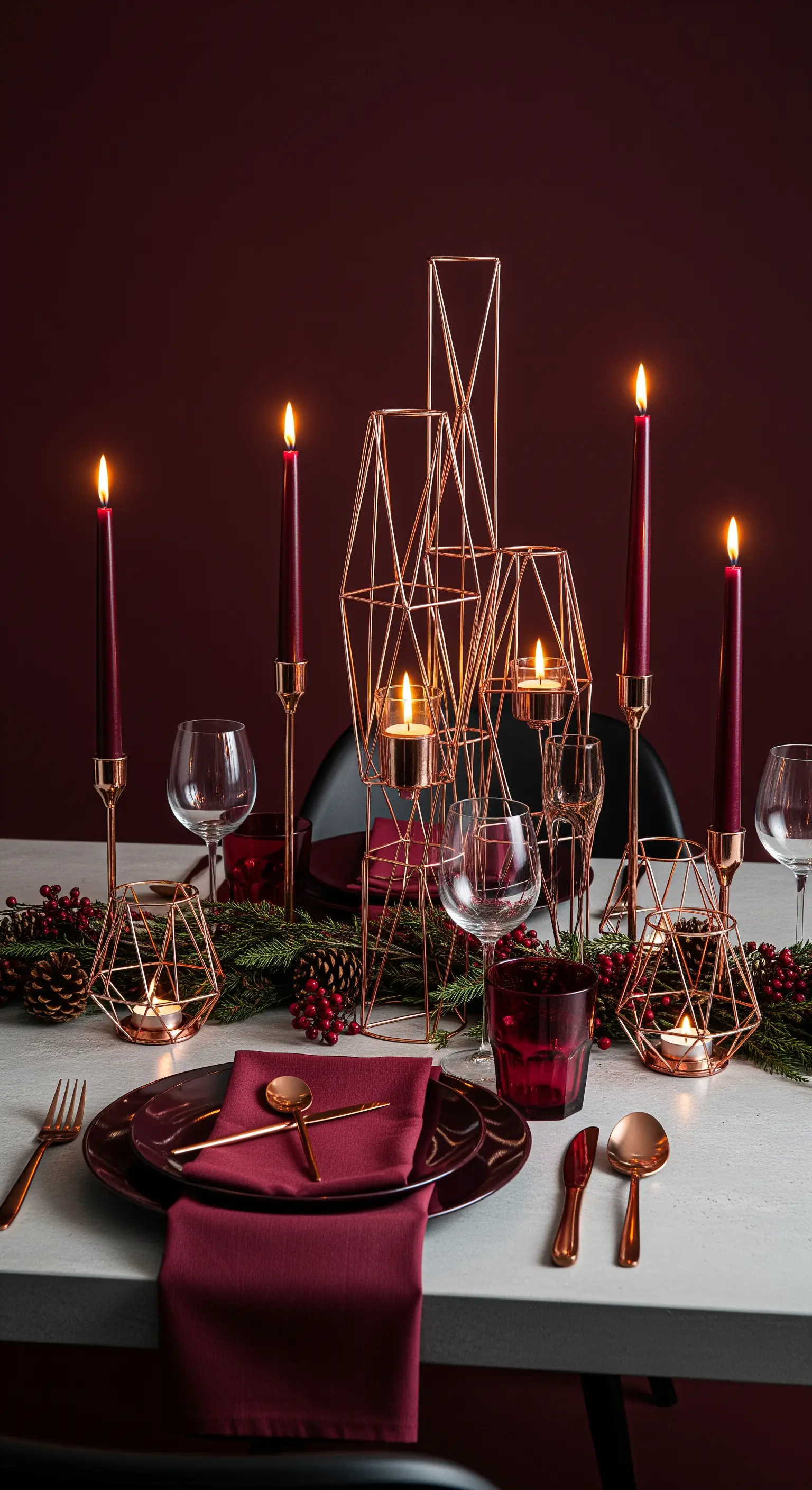 Tavola natalizia color borgogna con portacandele geometrici in rame.