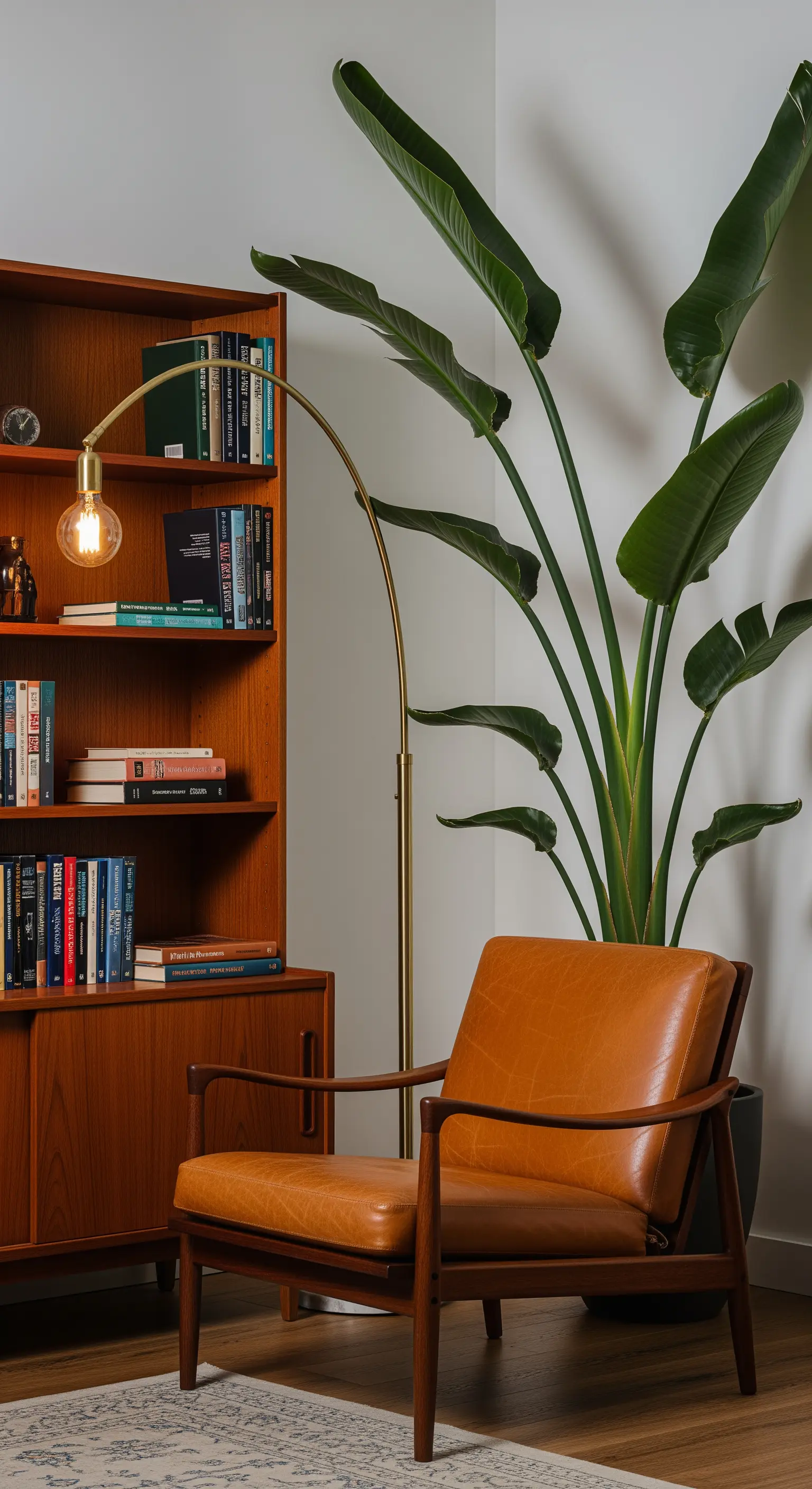 Poltrona in pelle color cognac accanto a una libreria in teak e una pianta di Strelitzia.