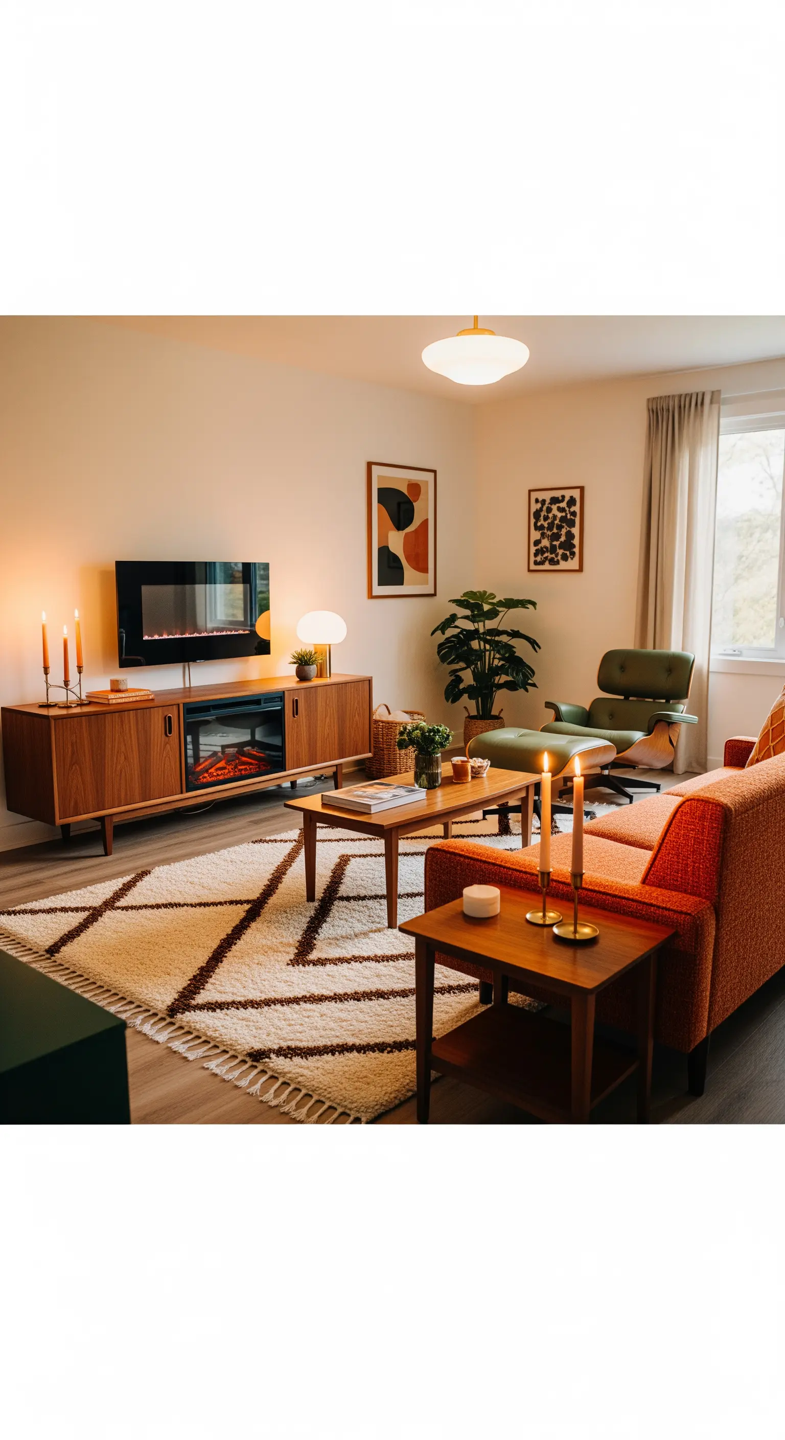Soggiorno Mid-century con mobile in legno, camino e tappeto geometrico.